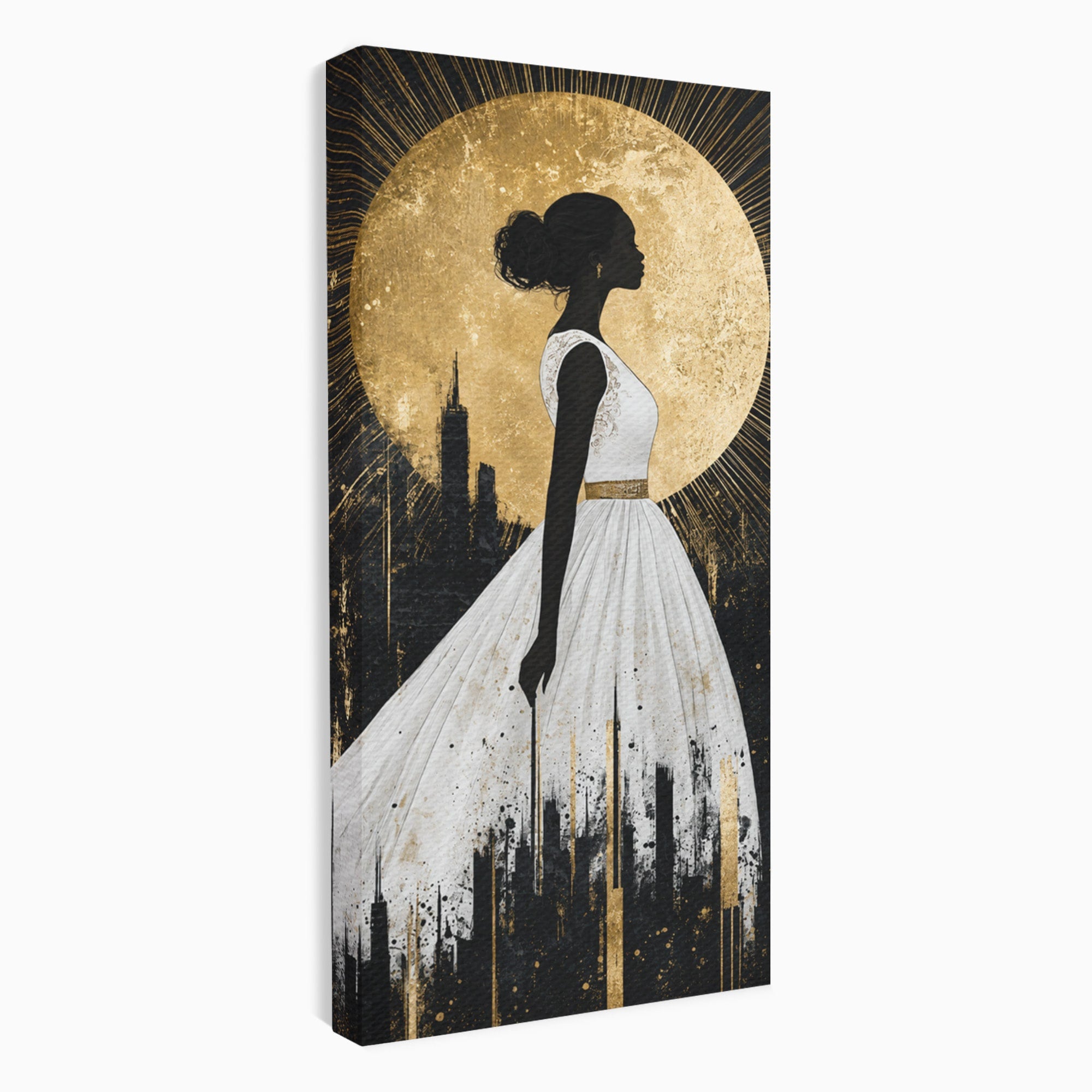 Tablou Canvas Premium LuxCanva® G1272, Silueta Eleganta Sub Luna, Silueta, Noapte, Eleganta, Femeie, Dormitor, Oras, Culori Vibrante