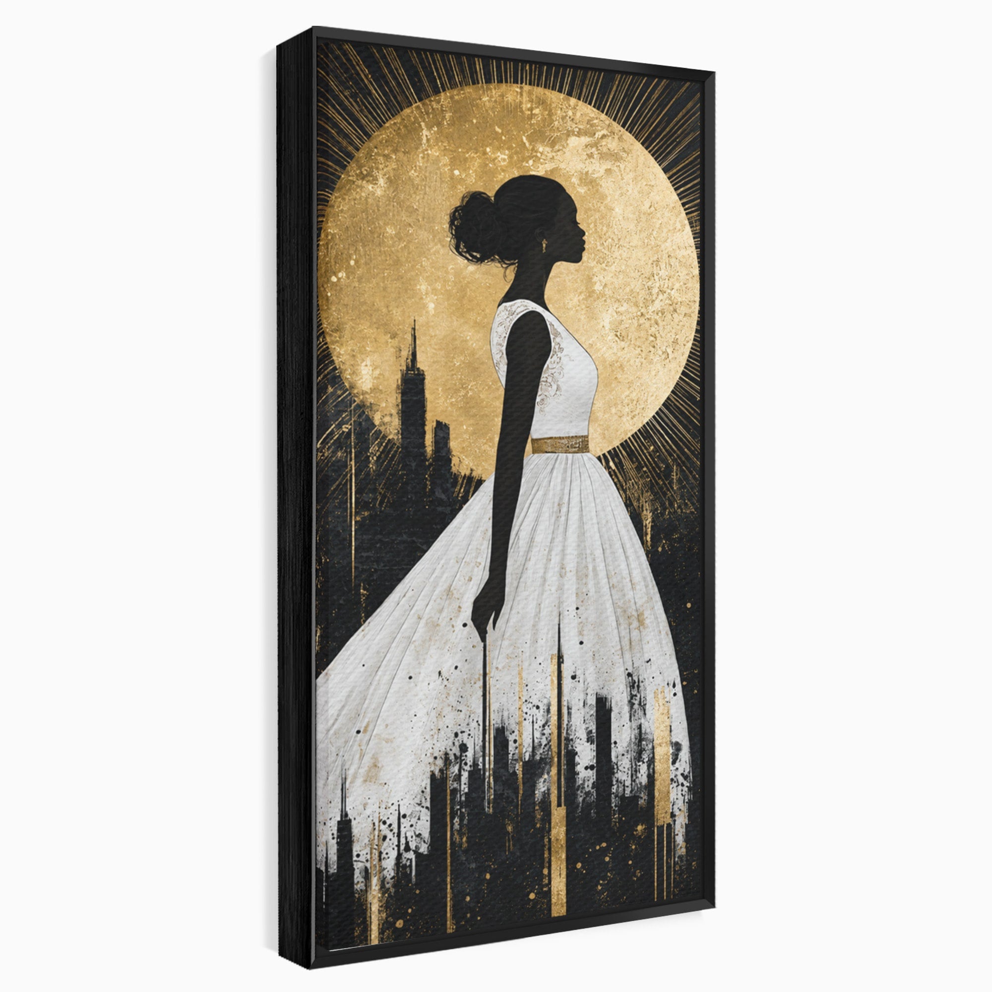 Tablou Canvas Premium LuxCanva® G1272, Silueta Eleganta Sub Luna, Silueta, Noapte, Eleganta, Femeie, Dormitor, Oras, Culori Vibrante