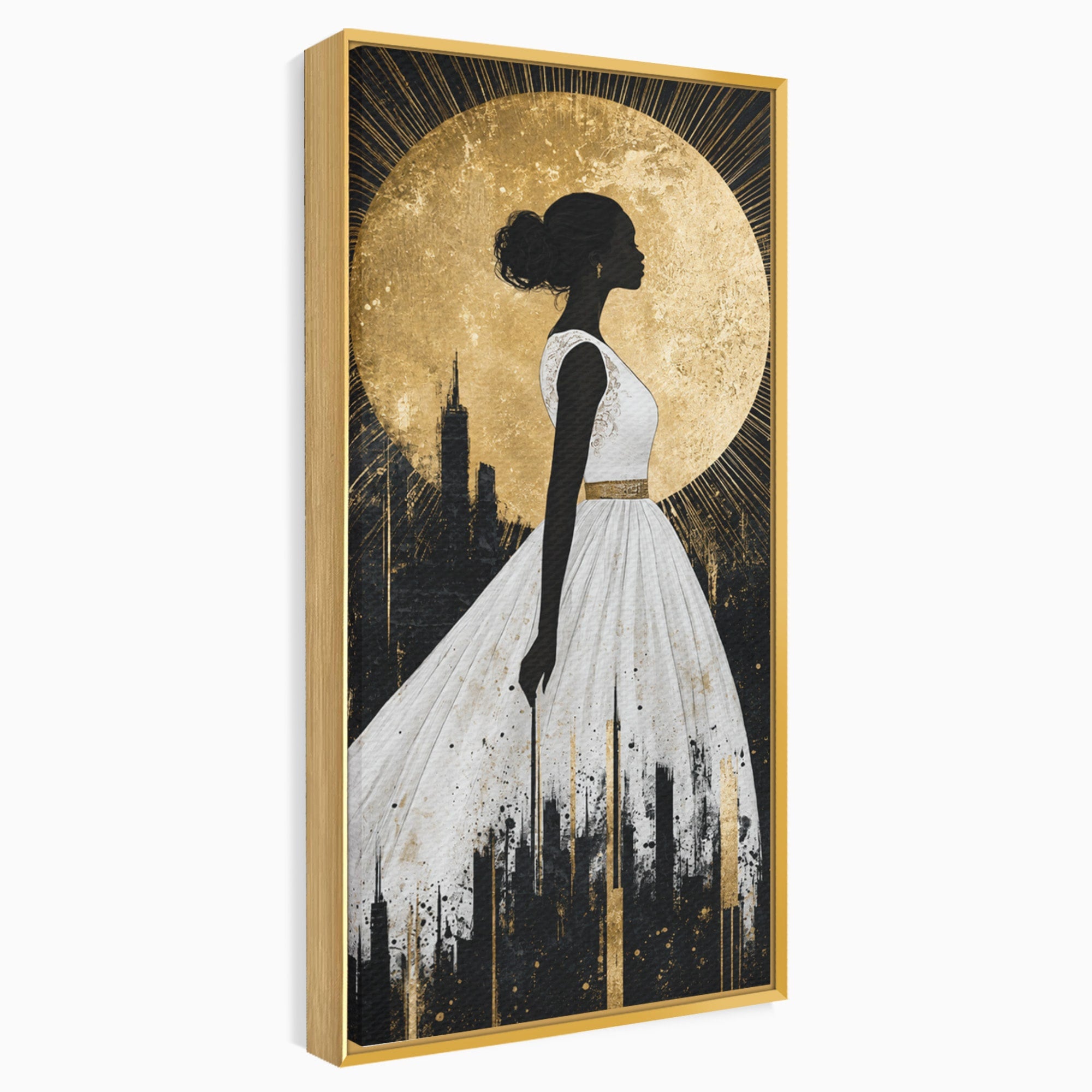 Tablou Canvas Premium LuxCanva® G1272, Silueta Eleganta Sub Luna, Silueta, Noapte, Eleganta, Femeie, Dormitor, Oras, Culori Vibrante