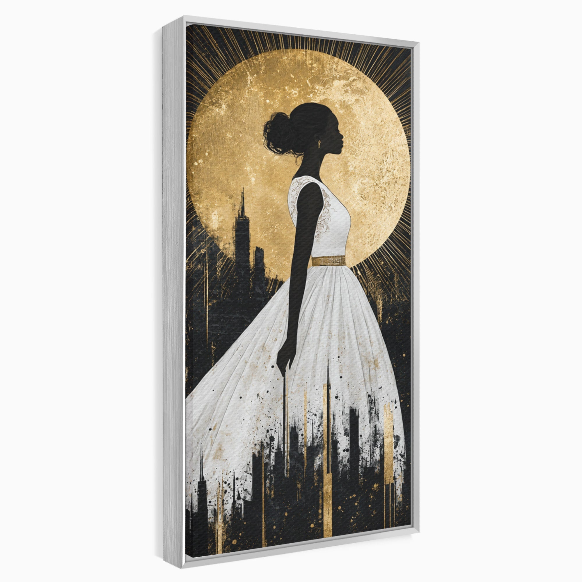 Tablou Canvas Premium LuxCanva® G1272, Silueta Eleganta Sub Luna, Silueta, Noapte, Eleganta, Femeie, Dormitor, Oras, Culori Vibrante