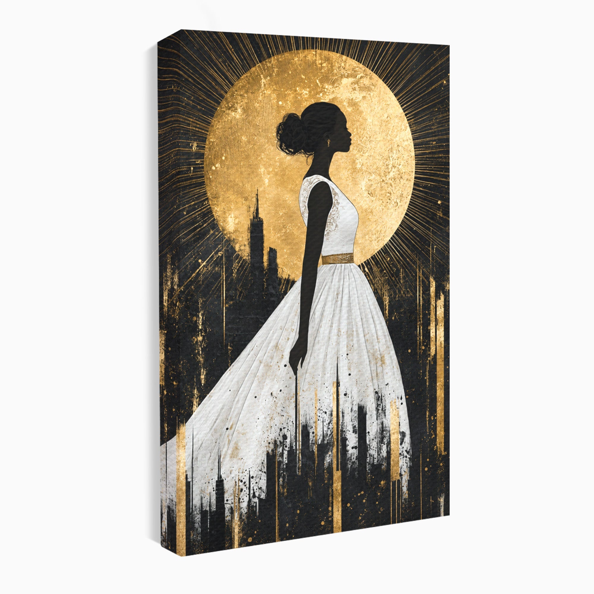 Tablou Canvas Premium LuxCanva® G1272, Silueta Eleganta Sub Luna, Silueta, Noapte, Eleganta, Femeie, Dormitor, Oras, Culori Vibrante