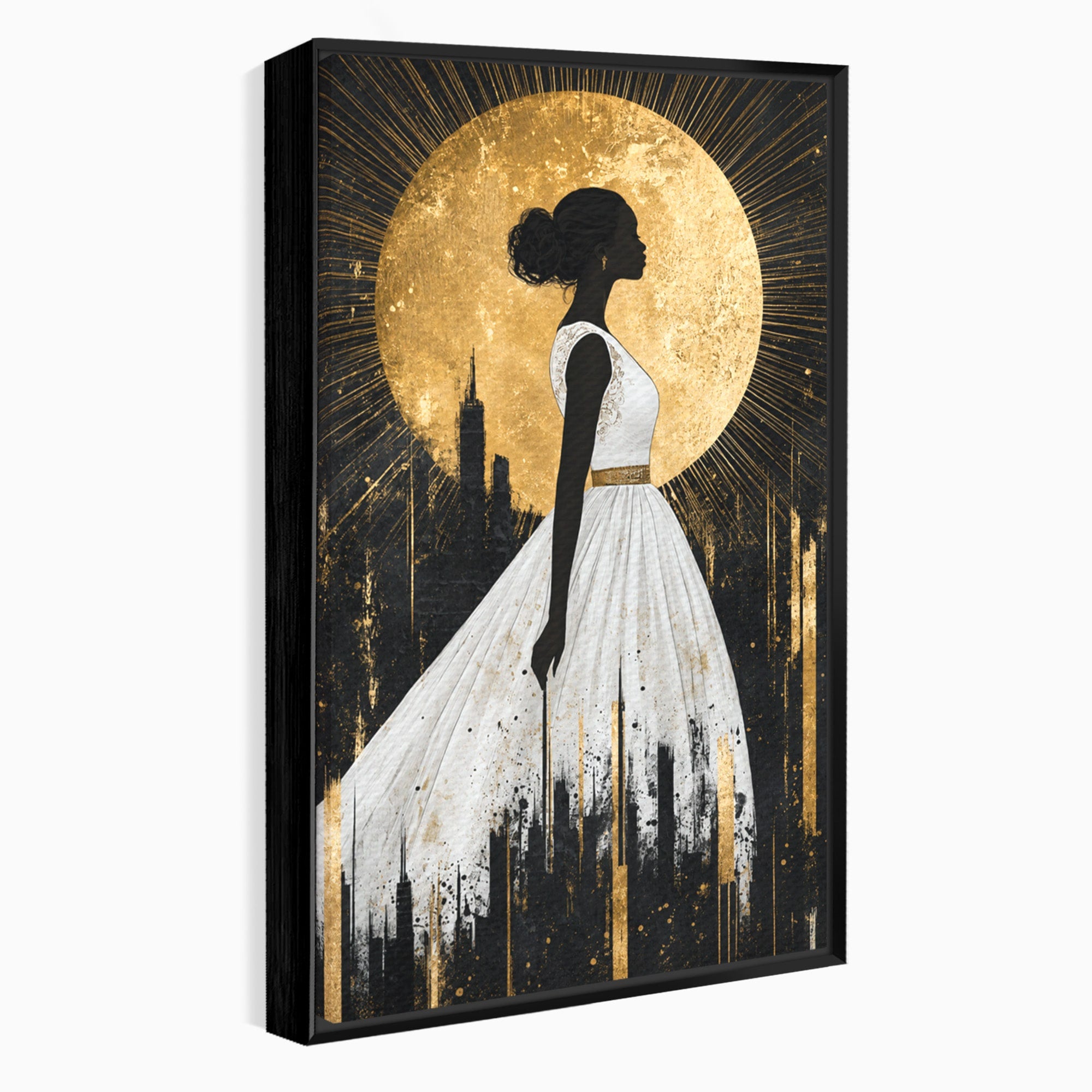 Tablou Canvas Premium LuxCanva® G1272, Silueta Eleganta Sub Luna, Silueta, Noapte, Eleganta, Femeie, Dormitor, Oras, Culori Vibrante