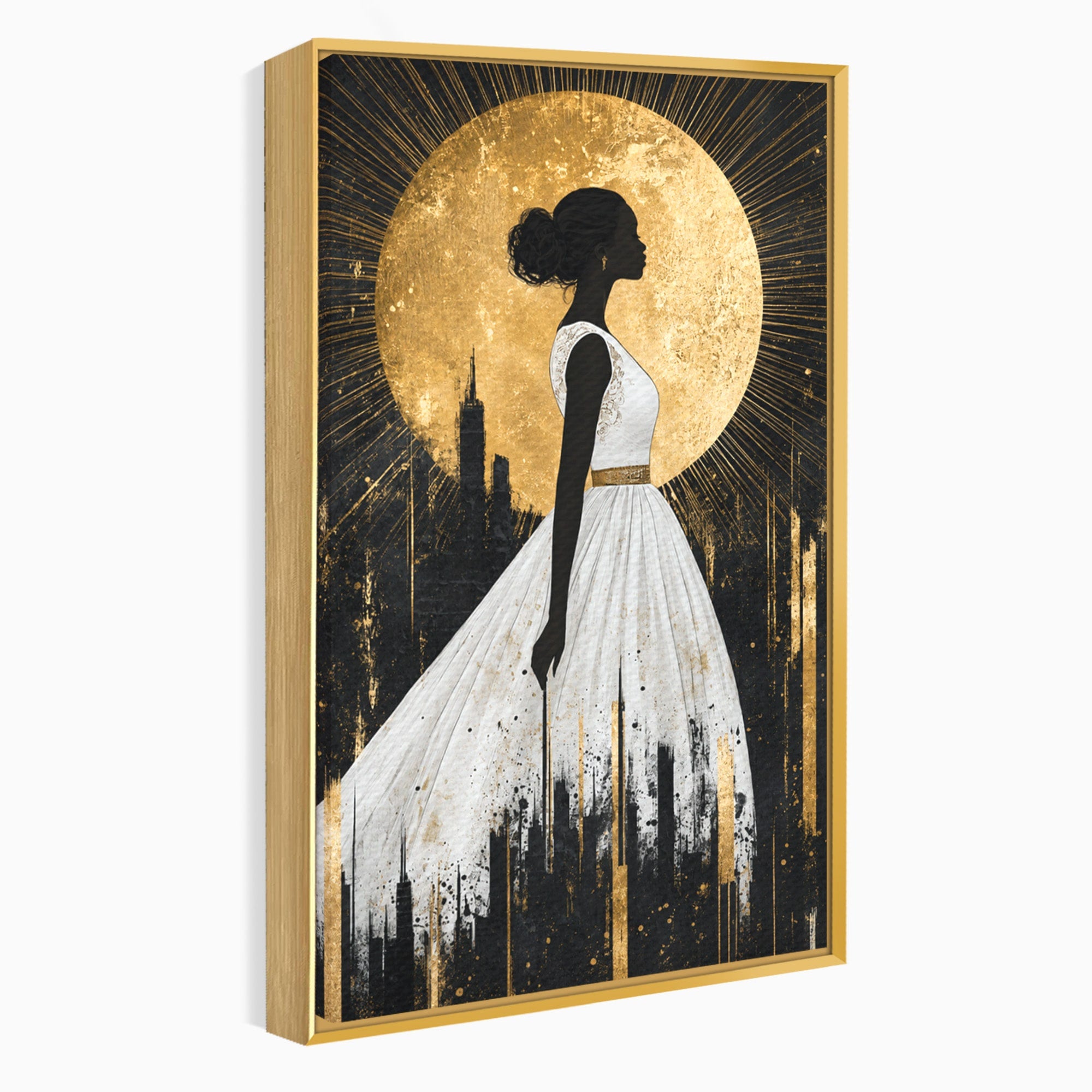 Tablou Canvas Premium LuxCanva® G1272, Silueta Eleganta Sub Luna, Silueta, Noapte, Eleganta, Femeie, Dormitor, Oras, Culori Vibrante