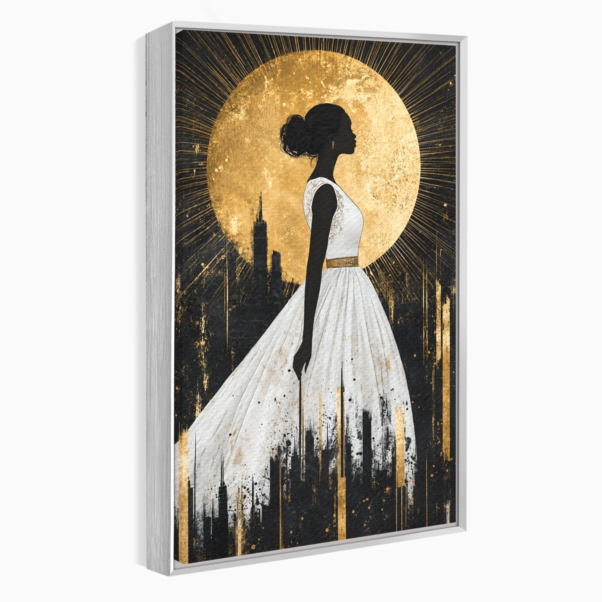 Tablou Canvas Premium LuxCanva® G1272, Silueta Eleganta Sub Luna, Silueta, Noapte, Eleganta, Femeie, Dormitor, Oras, Culori Vibrante