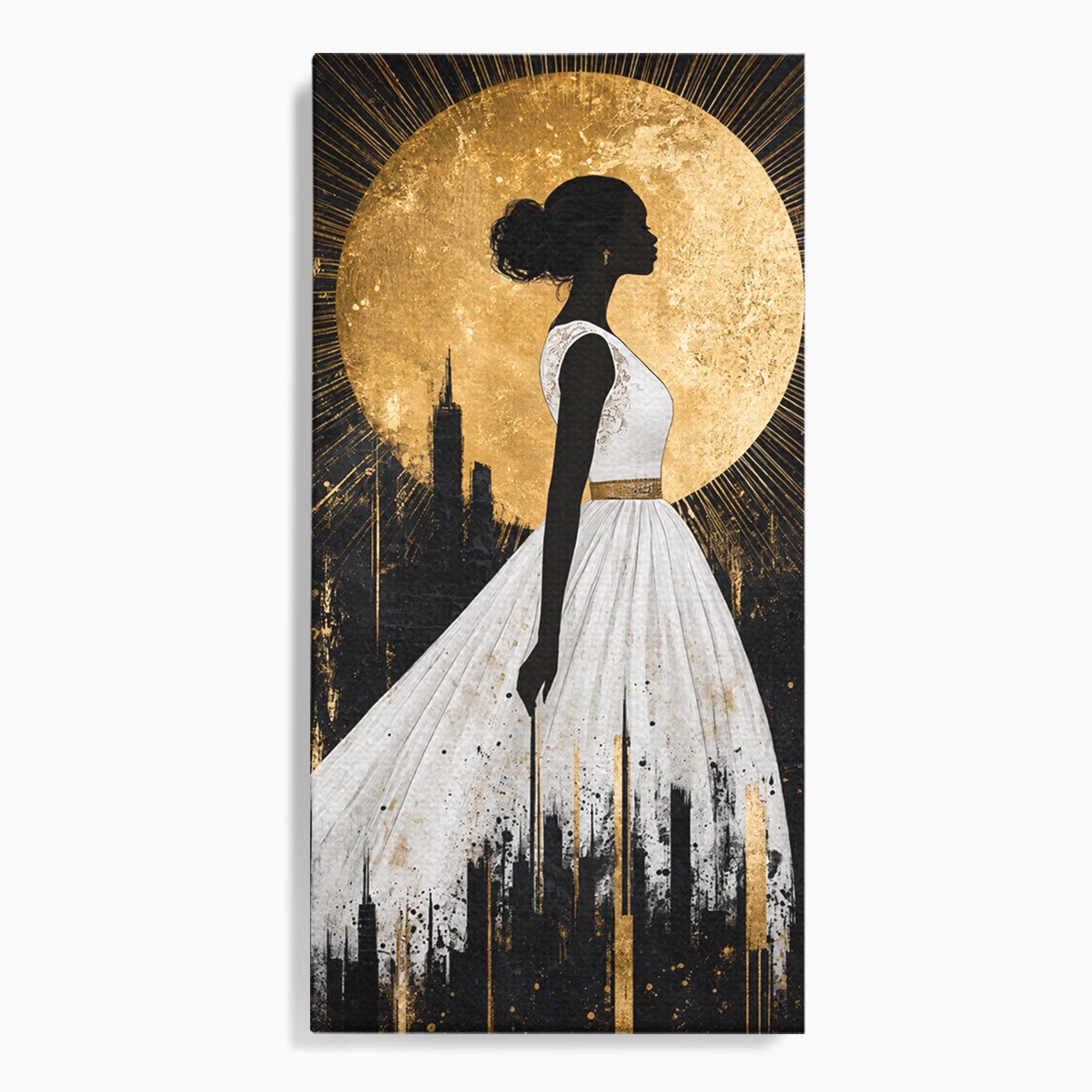Tablou Canvas Premium LuxCanva® G1272, Silueta Eleganta Sub Luna, Silueta, Noapte, Eleganta, Femeie, Dormitor, Oras, Culori Vibrante