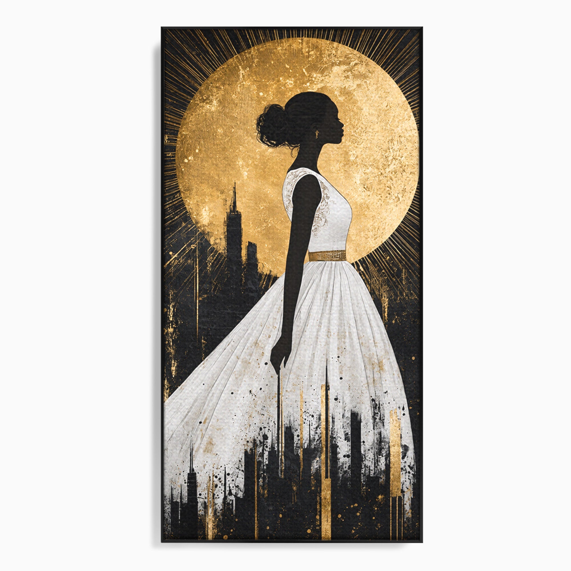Tablou Canvas Premium LuxCanva® G1272, Silueta Eleganta Sub Luna, Silueta, Noapte, Eleganta, Femeie, Dormitor, Oras, Culori Vibrante