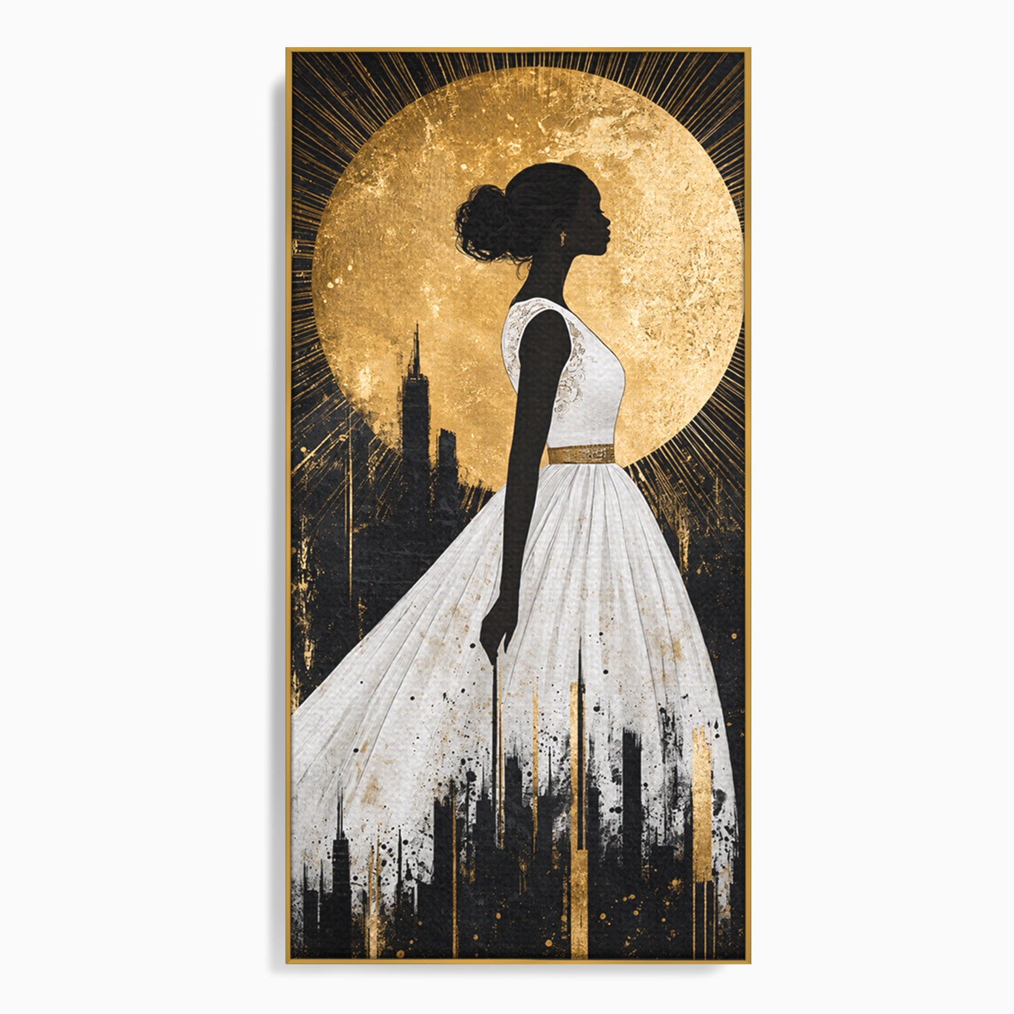 Tablou Canvas Premium LuxCanva® G1272, Silueta Eleganta Sub Luna, Silueta, Noapte, Eleganta, Femeie, Dormitor, Oras, Culori Vibrante