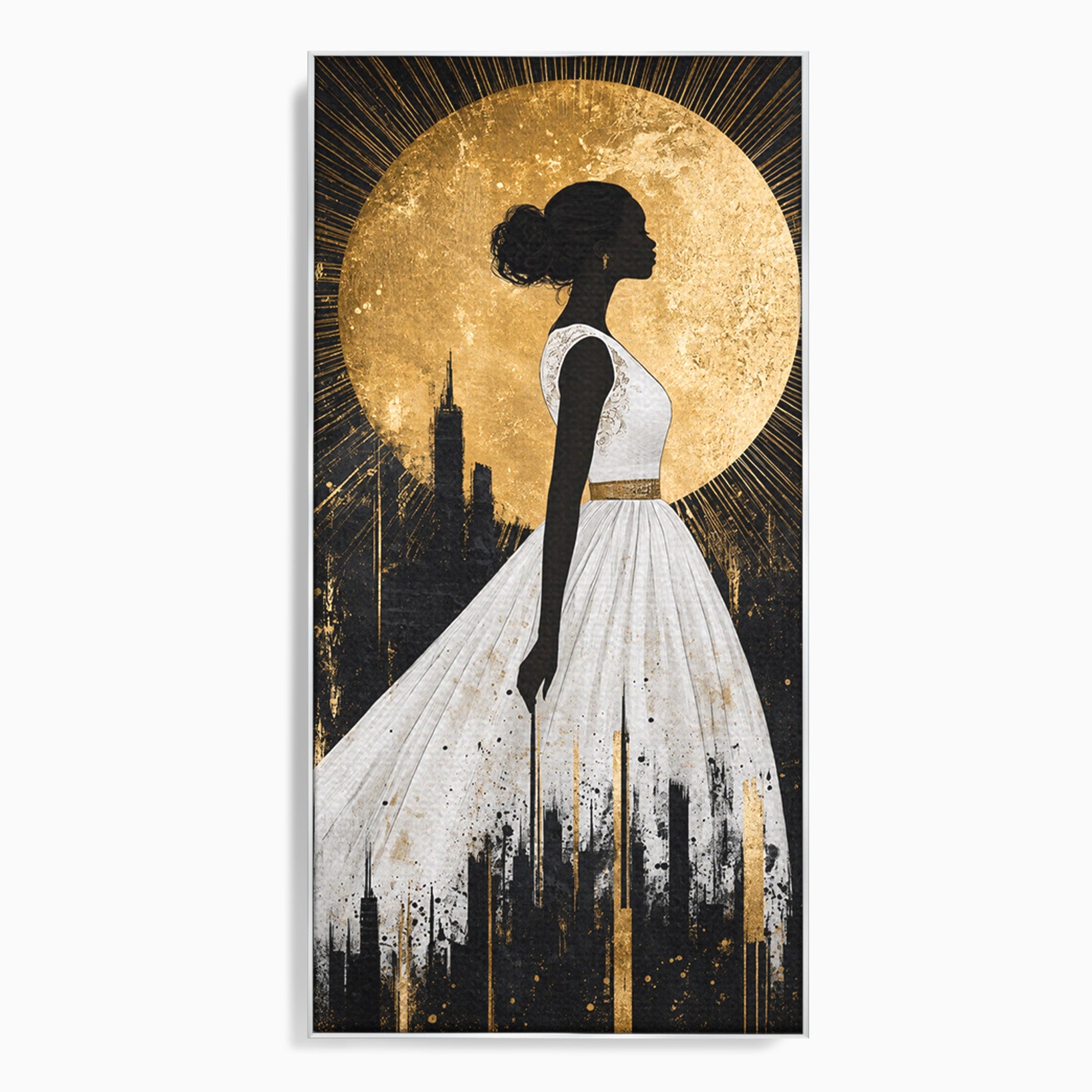 Tablou Canvas Premium LuxCanva® G1272, Silueta Eleganta Sub Luna, Silueta, Noapte, Eleganta, Femeie, Dormitor, Oras, Culori Vibrante