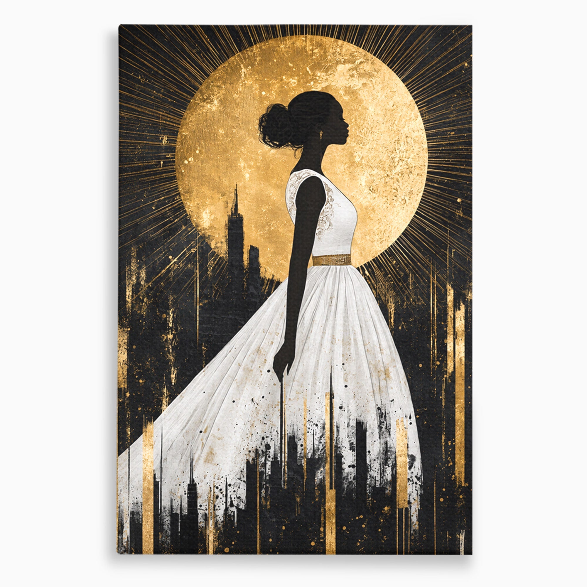Tablou Canvas Premium LuxCanva® G1272, Silueta Eleganta Sub Luna, Silueta, Noapte, Eleganta, Femeie, Dormitor, Oras, Culori Vibrante
