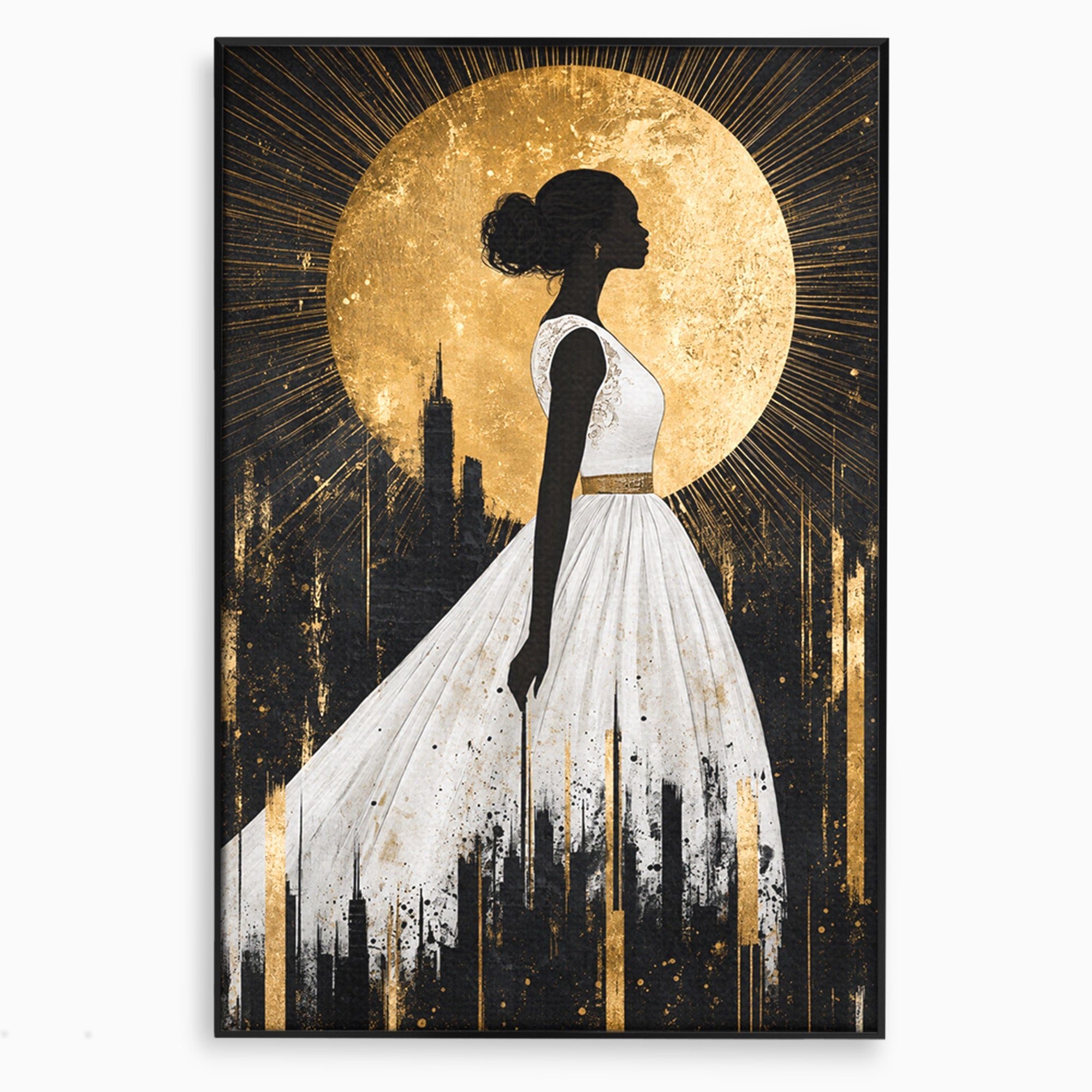 Tablou Canvas Premium LuxCanva® G1272, Silueta Eleganta Sub Luna, Silueta, Noapte, Eleganta, Femeie, Dormitor, Oras, Culori Vibrante