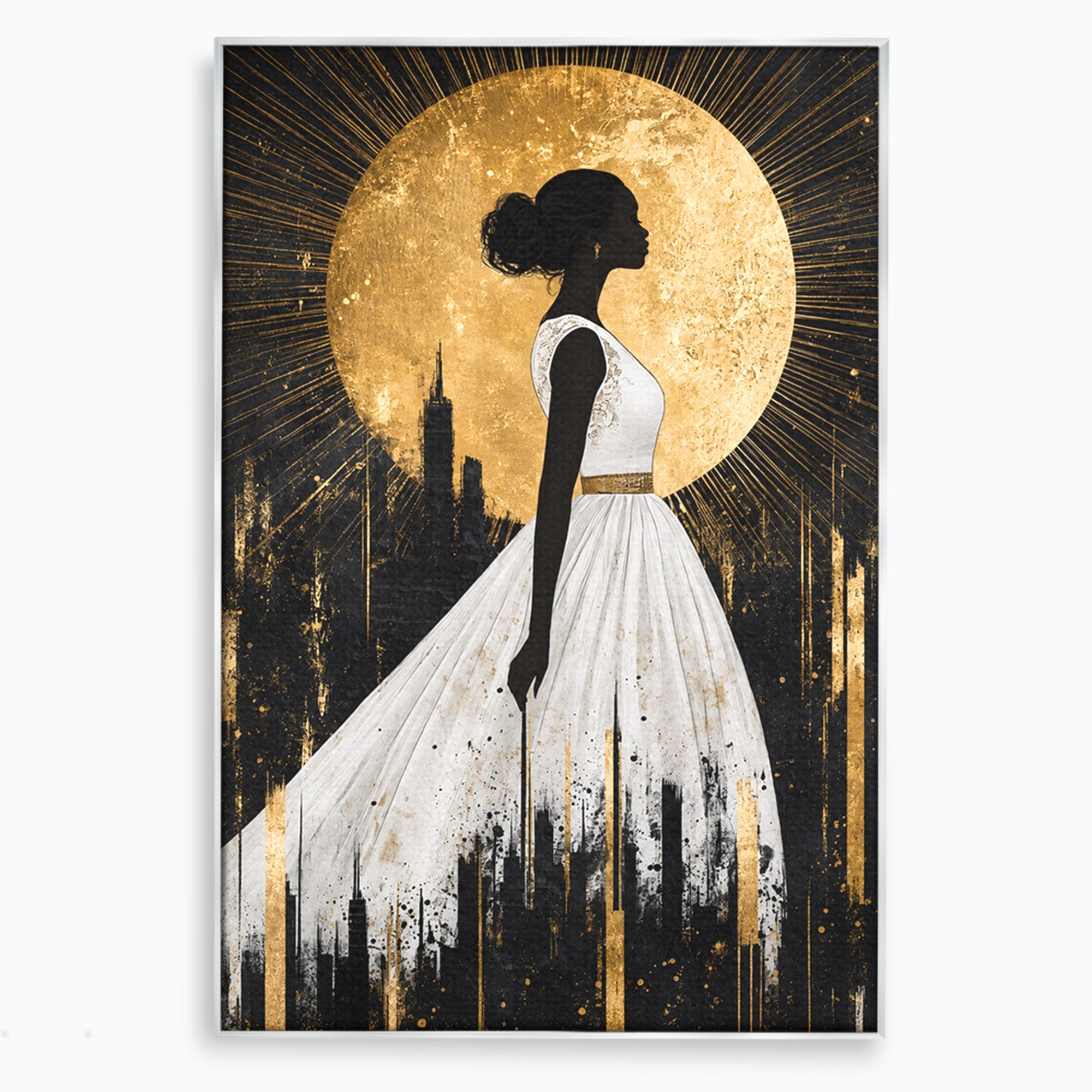 Tablou Canvas Premium LuxCanva® G1272, Silueta Eleganta Sub Luna, Silueta, Noapte, Eleganta, Femeie, Dormitor, Oras, Culori Vibrante