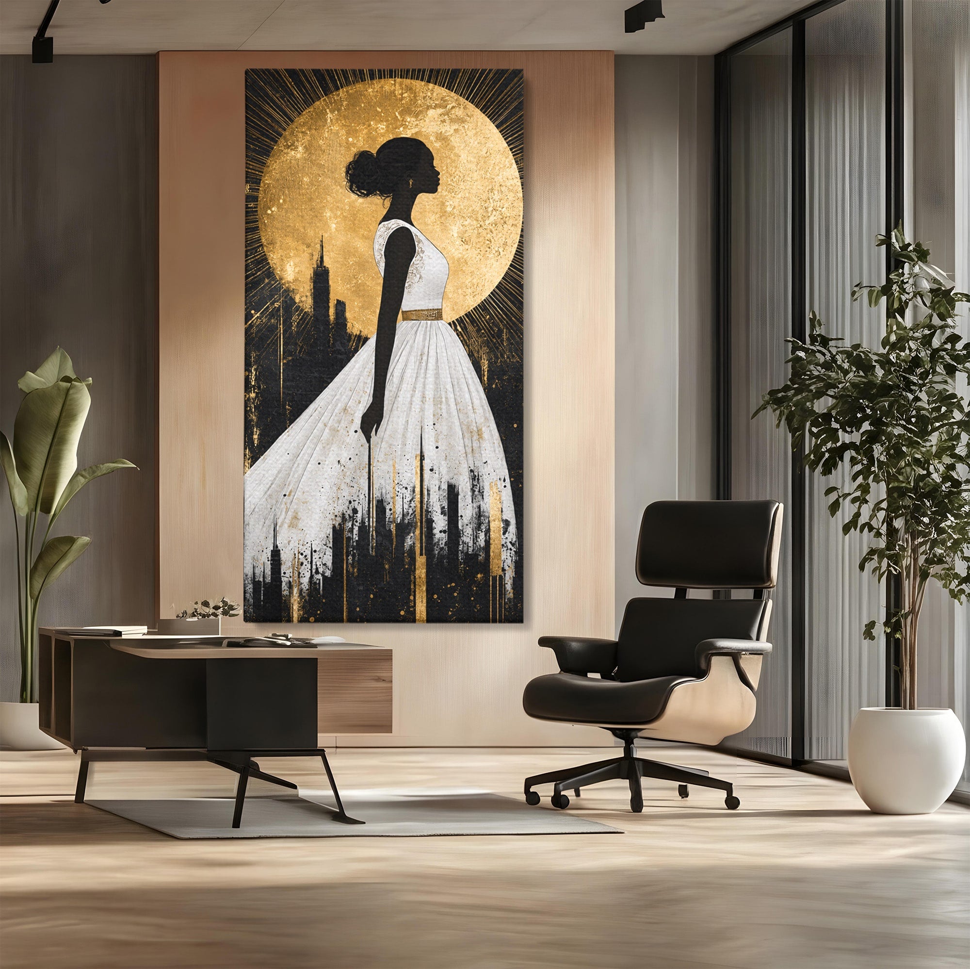 Tablou Canvas Premium LuxCanva® G1272, Silueta Eleganta Sub Luna, Silueta, Noapte, Eleganta, Femeie, Dormitor, Oras, Culori Vibrante