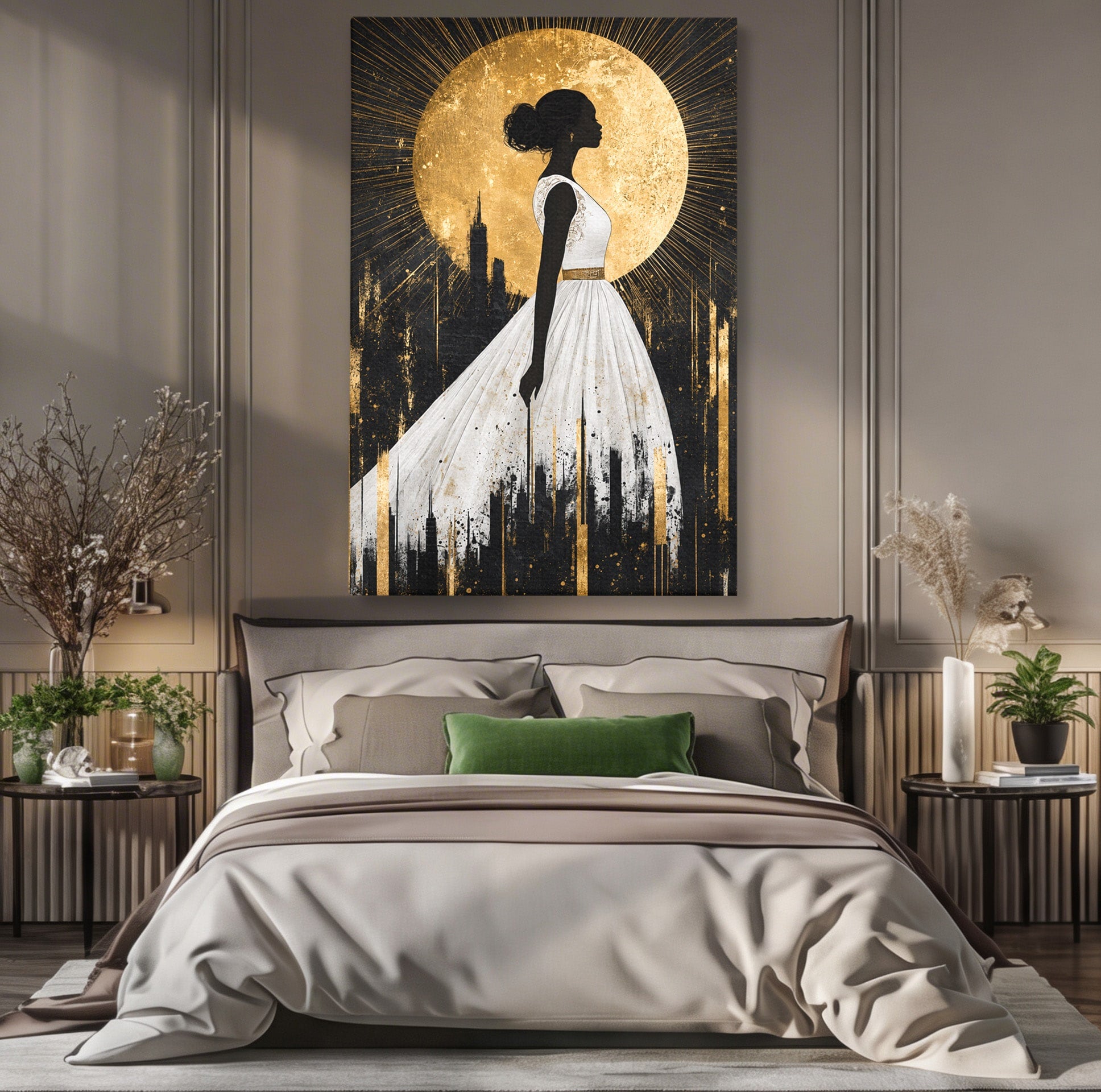 Tablou Canvas Premium LuxCanva® G1272, Silueta Eleganta Sub Luna, Silueta, Noapte, Eleganta, Femeie, Dormitor, Oras, Culori Vibrante