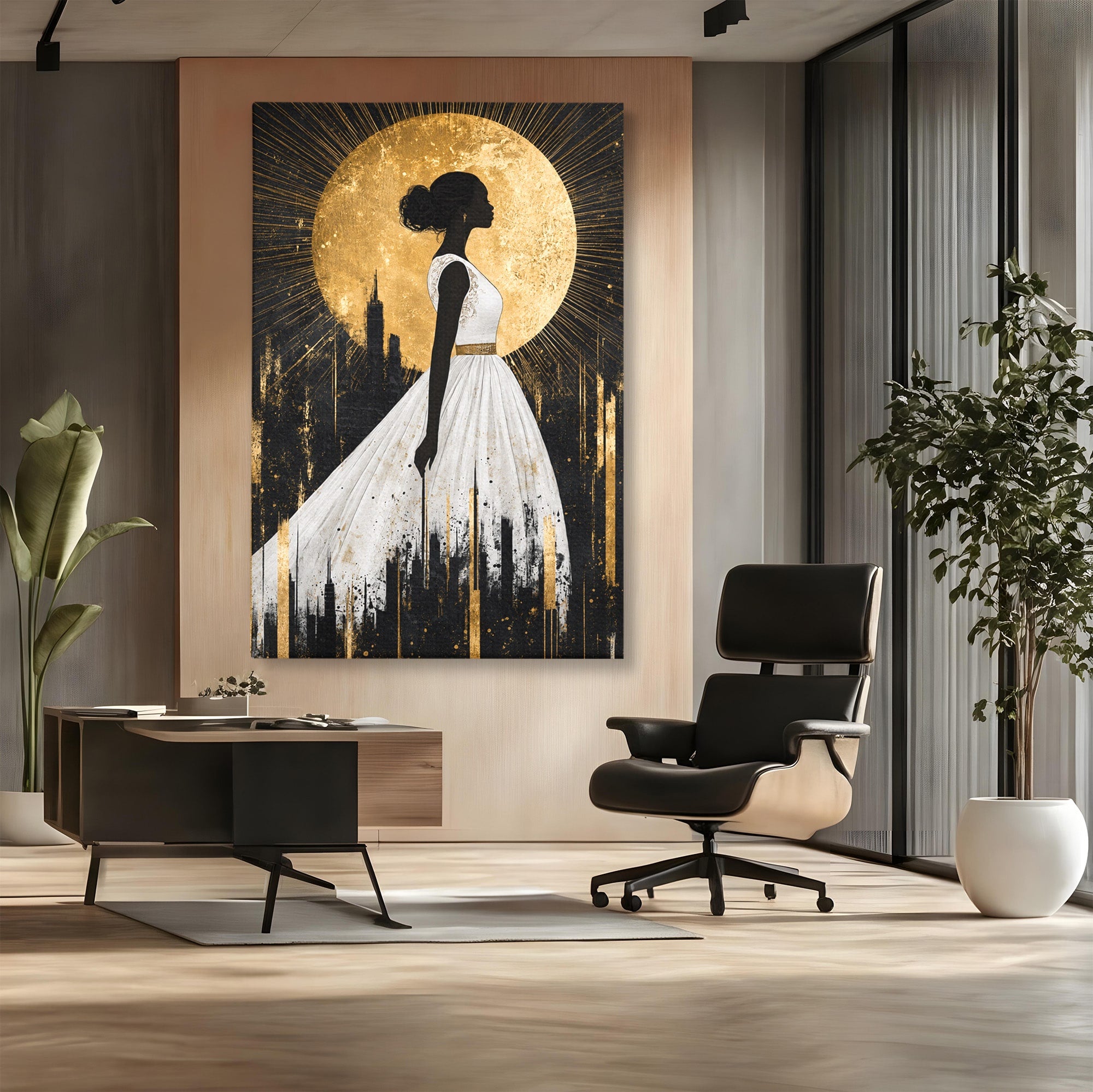 Tablou Canvas Premium LuxCanva® G1272, Silueta Eleganta Sub Luna, Silueta, Noapte, Eleganta, Femeie, Dormitor, Oras, Culori Vibrante
