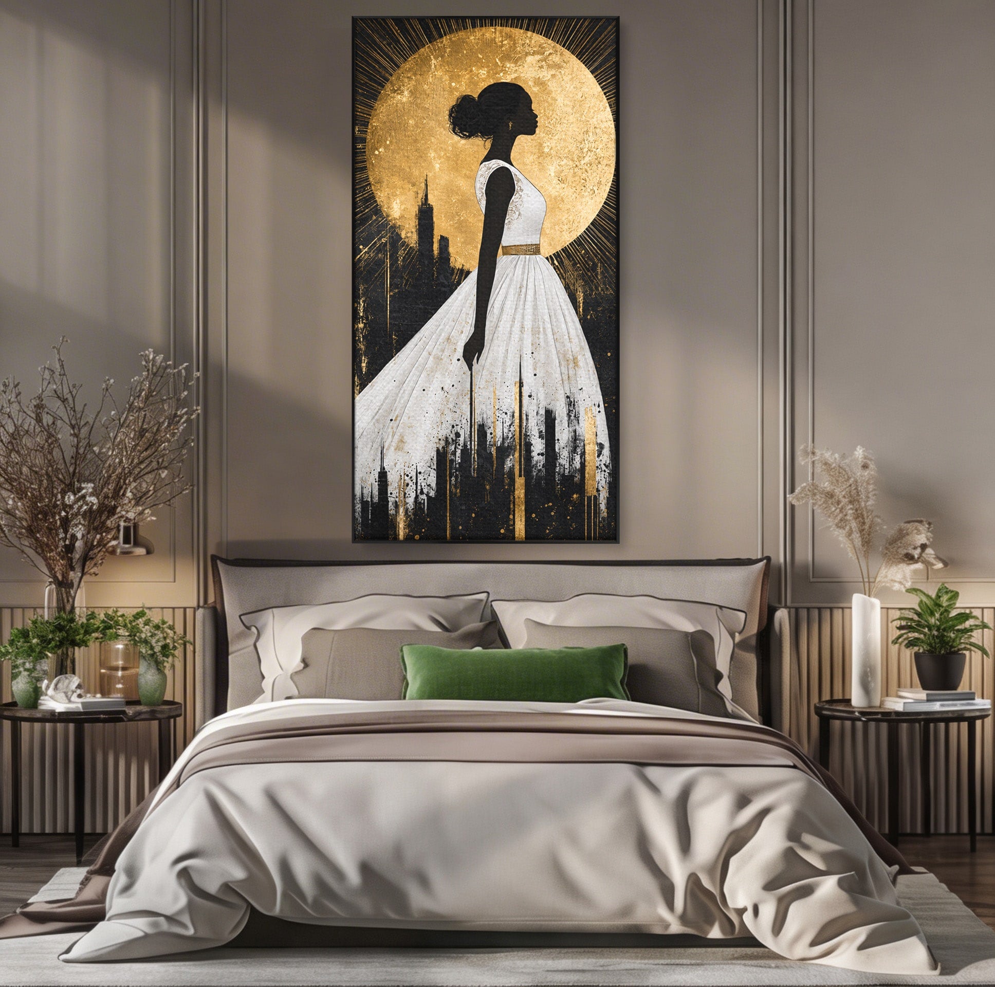 Tablou Canvas Premium LuxCanva® G1272, Silueta Eleganta Sub Luna, Silueta, Noapte, Eleganta, Femeie, Dormitor, Oras, Culori Vibrante