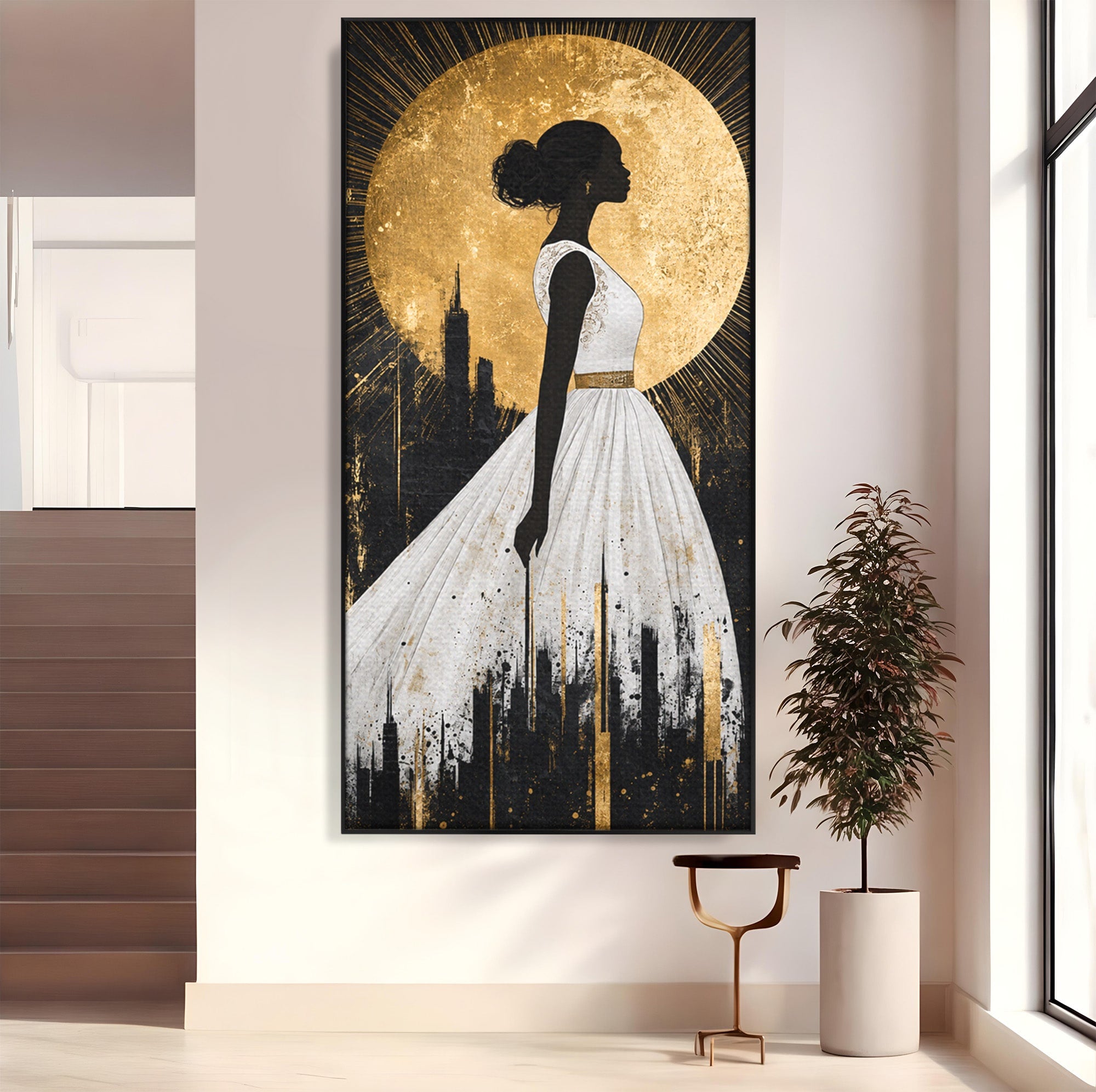 Tablou Canvas Premium LuxCanva® G1272, Silueta Eleganta Sub Luna, Silueta, Noapte, Eleganta, Femeie, Dormitor, Oras, Culori Vibrante
