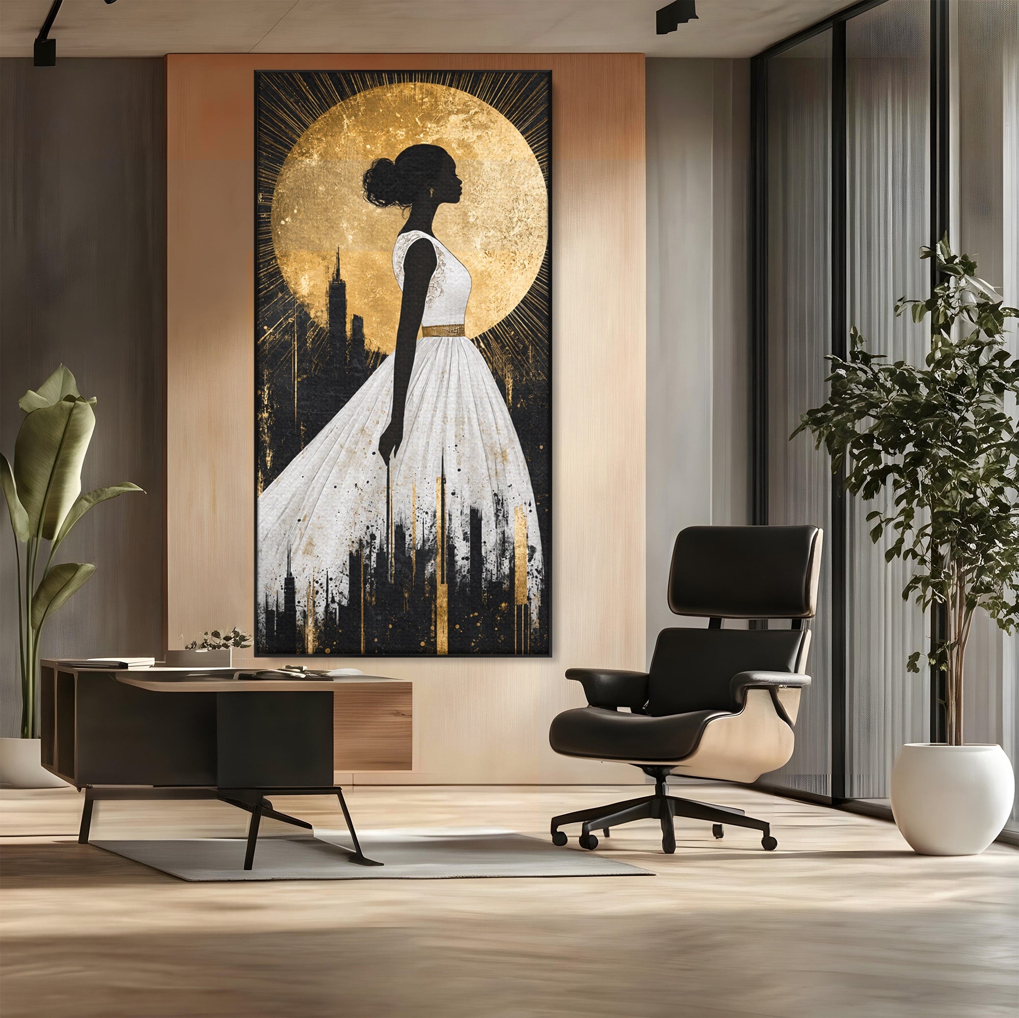Tablou Canvas Premium LuxCanva® G1272, Silueta Eleganta Sub Luna, Silueta, Noapte, Eleganta, Femeie, Dormitor, Oras, Culori Vibrante