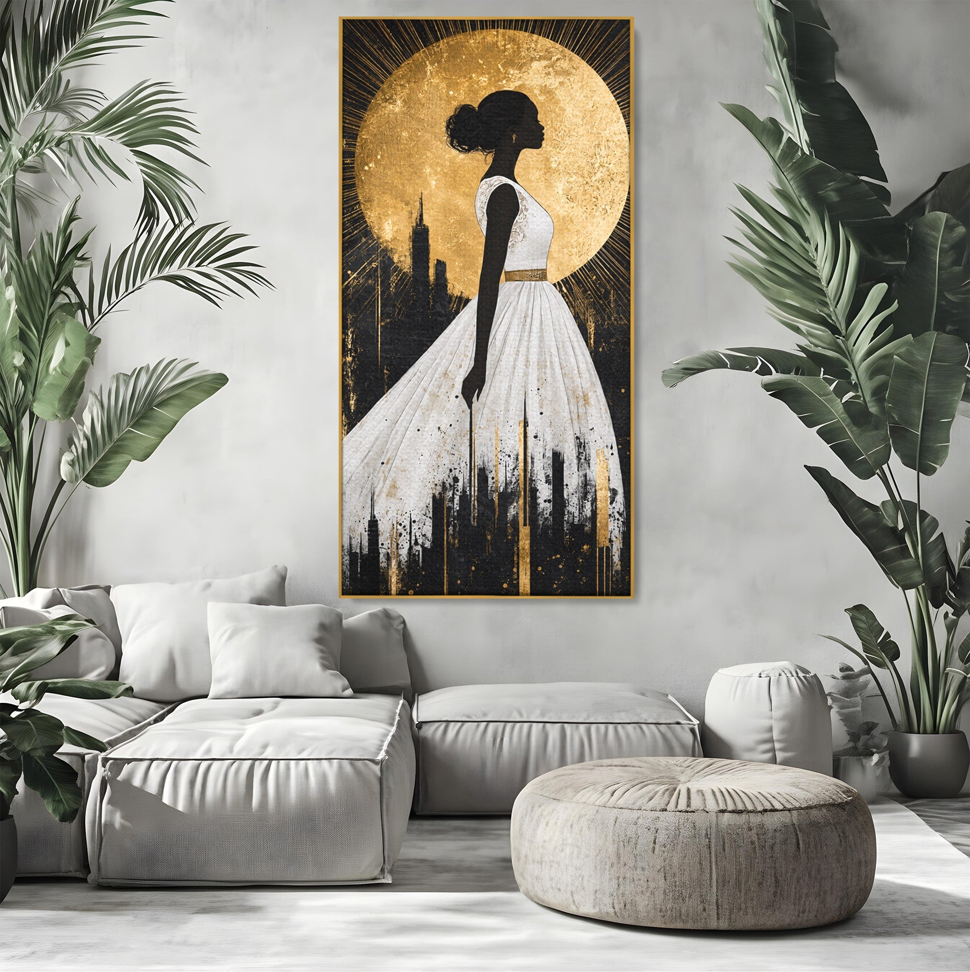 Tablou Canvas Premium LuxCanva® G1272, Silueta Eleganta Sub Luna, Silueta, Noapte, Eleganta, Femeie, Dormitor, Oras, Culori Vibrante