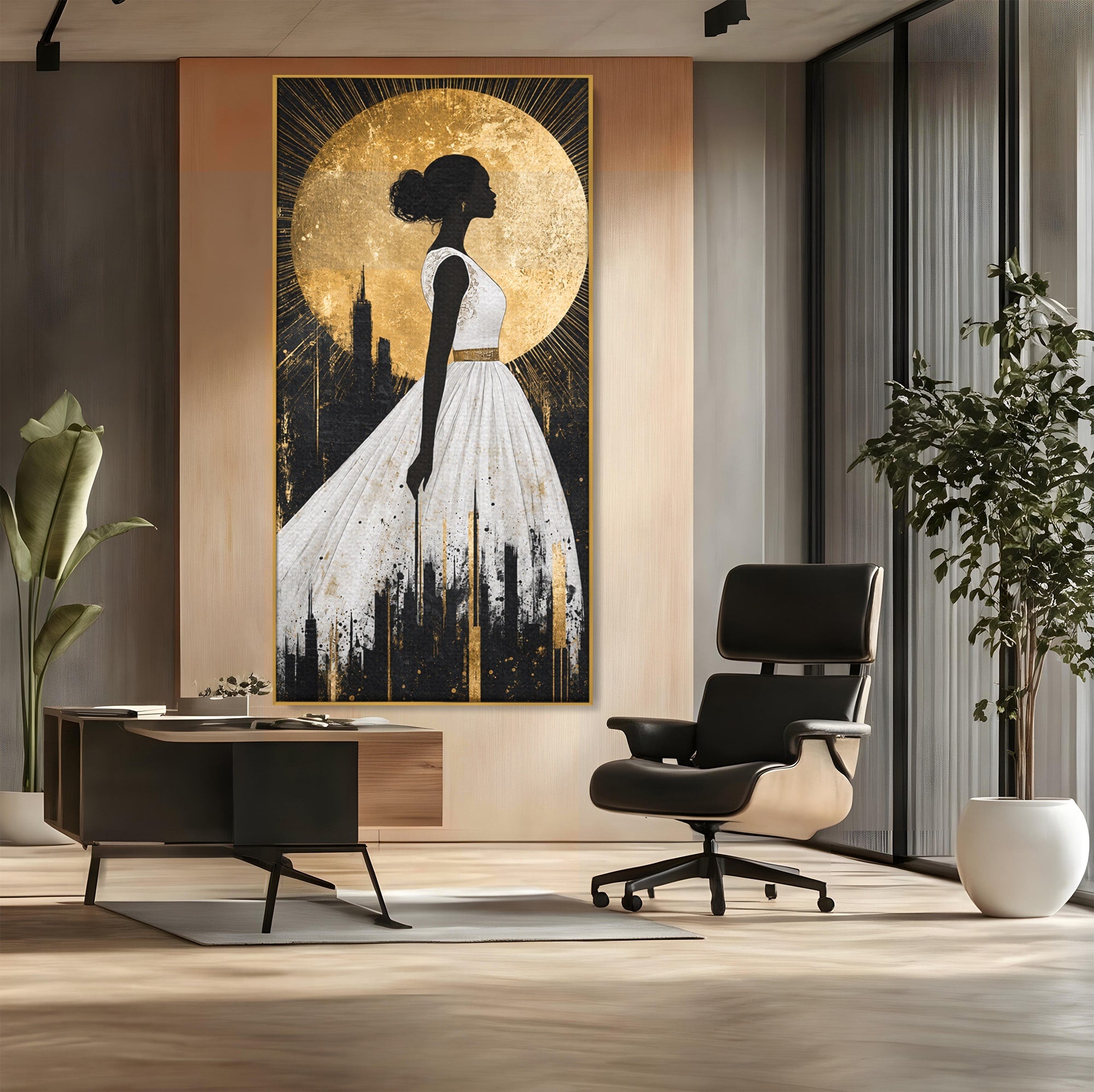 Tablou Canvas Premium LuxCanva® G1272, Silueta Eleganta Sub Luna, Silueta, Noapte, Eleganta, Femeie, Dormitor, Oras, Culori Vibrante