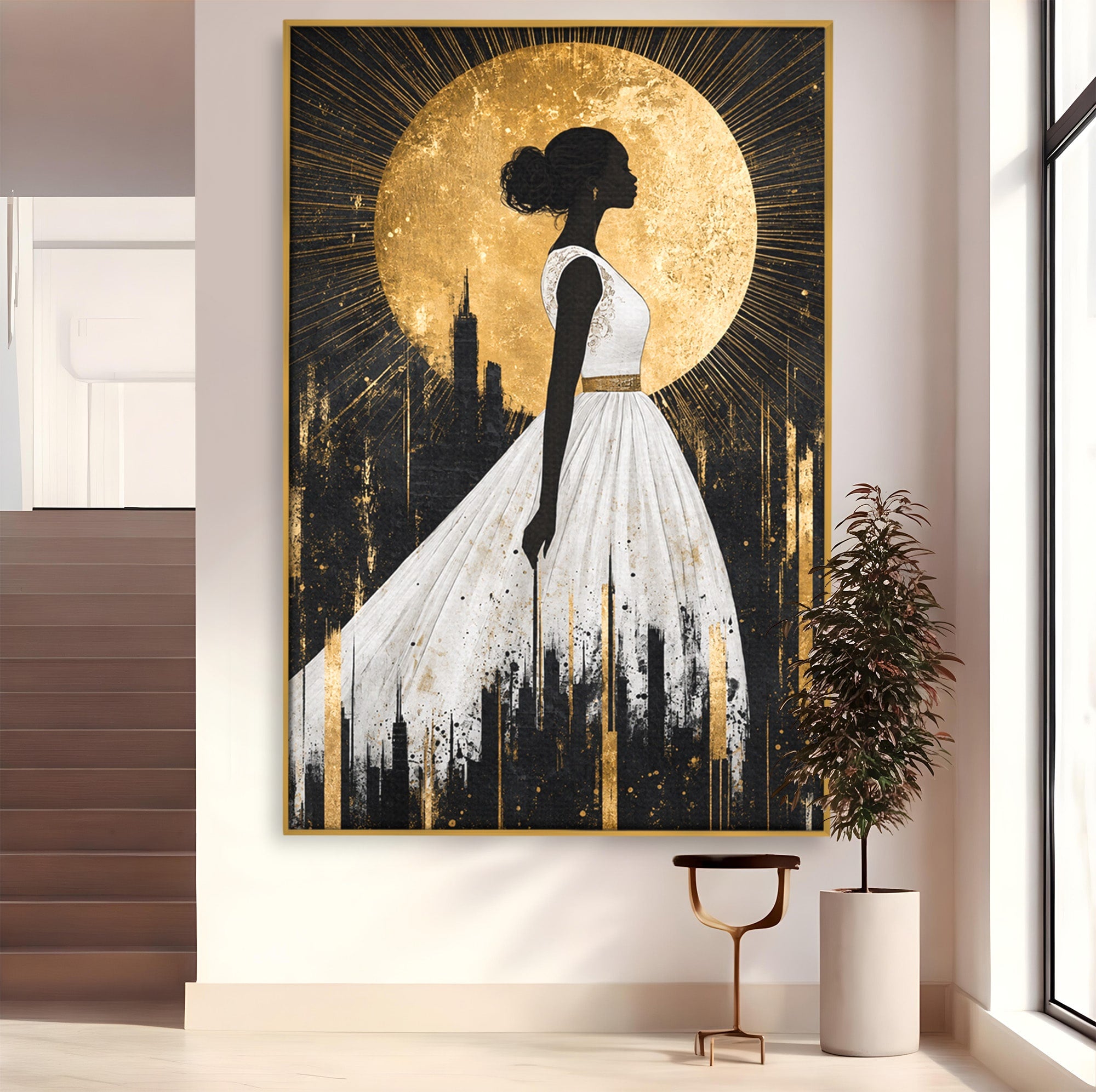 Tablou Canvas Premium LuxCanva® G1272, Silueta Eleganta Sub Luna, Silueta, Noapte, Eleganta, Femeie, Dormitor, Oras, Culori Vibrante