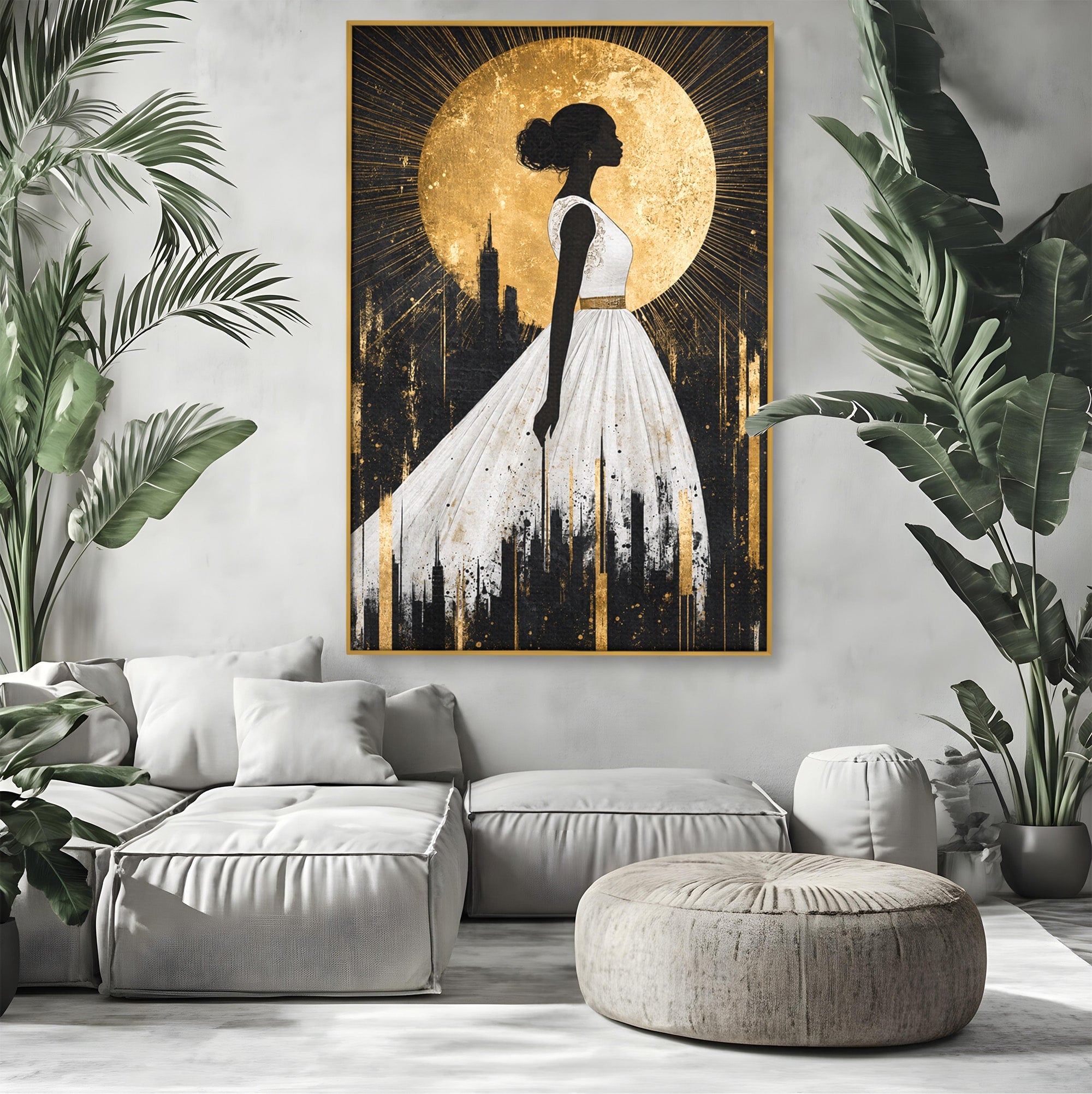 Tablou Canvas Premium LuxCanva® G1272, Silueta Eleganta Sub Luna, Silueta, Noapte, Eleganta, Femeie, Dormitor, Oras, Culori Vibrante