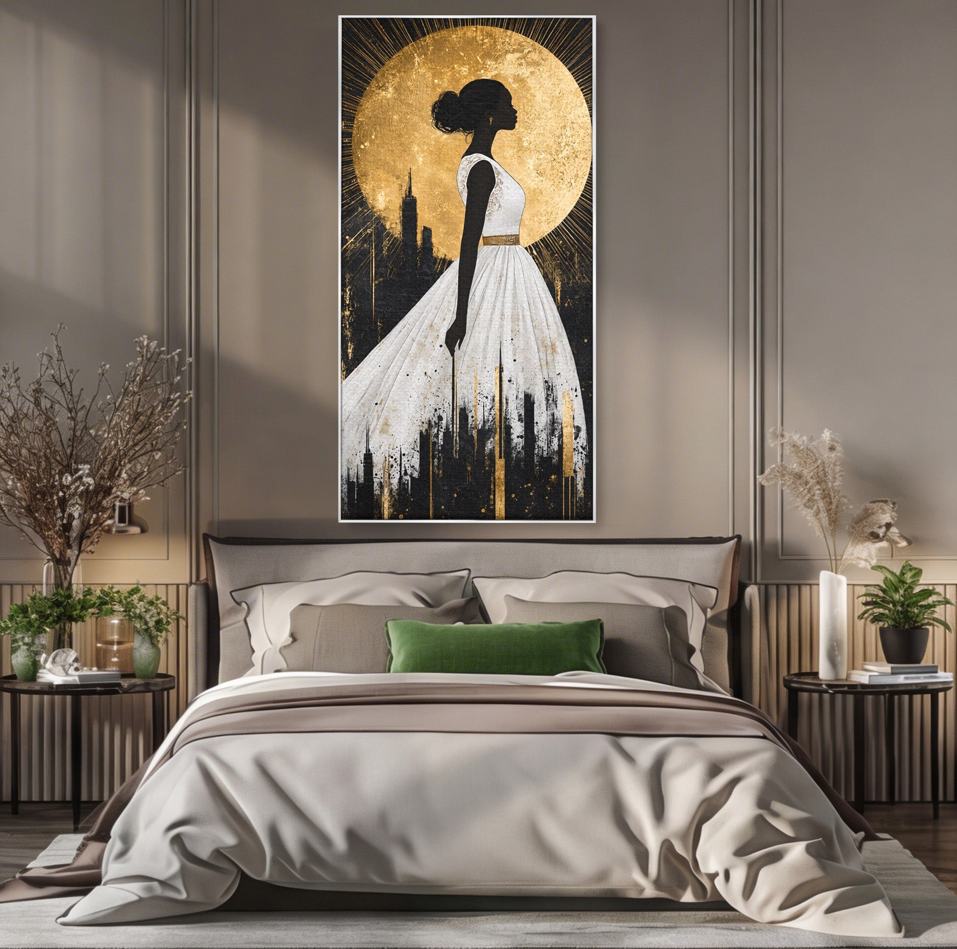 Tablou Canvas Premium LuxCanva® G1272, Silueta Eleganta Sub Luna, Silueta, Noapte, Eleganta, Femeie, Dormitor, Oras, Culori Vibrante