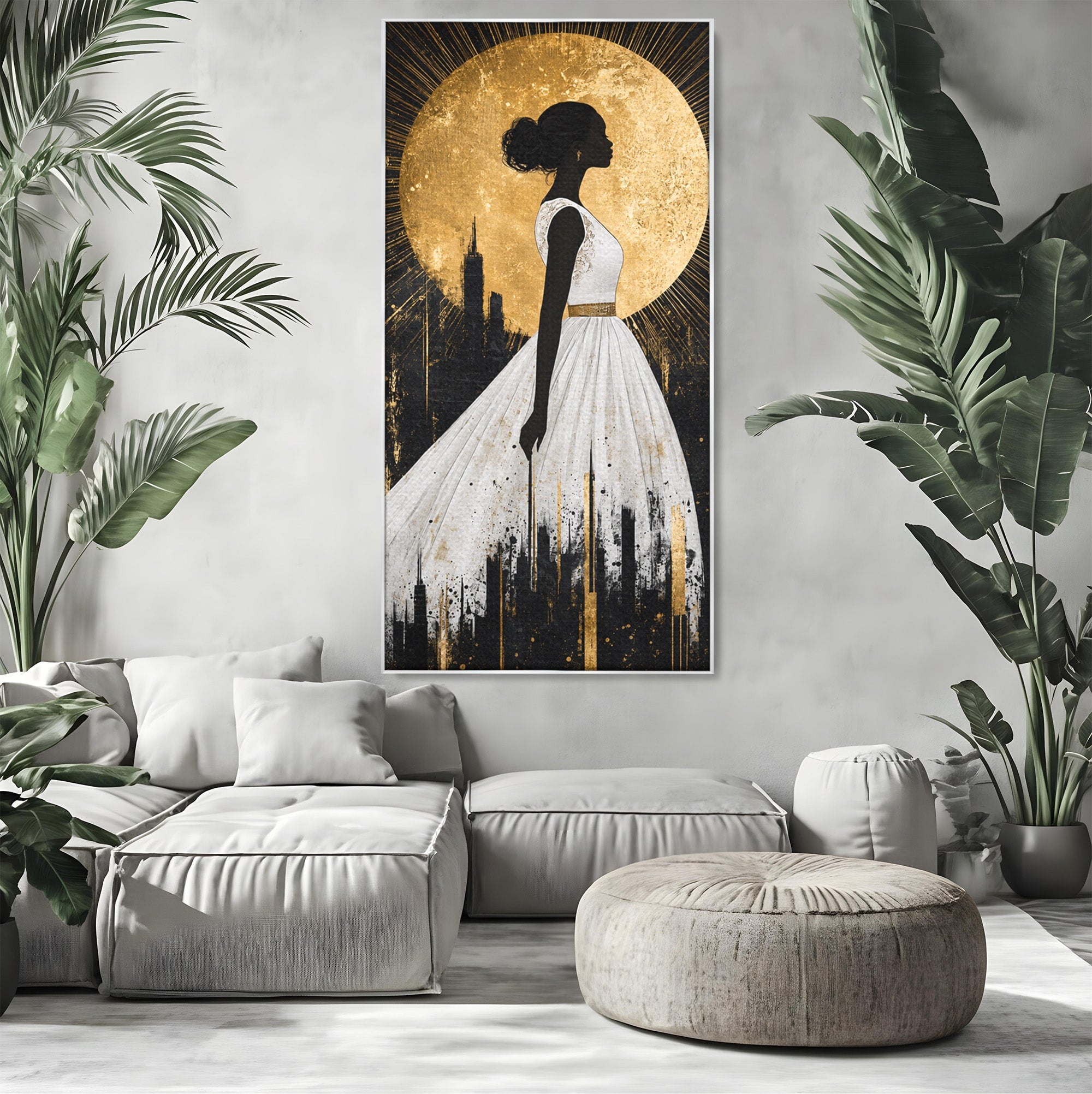 Tablou Canvas Premium LuxCanva® G1272, Silueta Eleganta Sub Luna, Silueta, Noapte, Eleganta, Femeie, Dormitor, Oras, Culori Vibrante