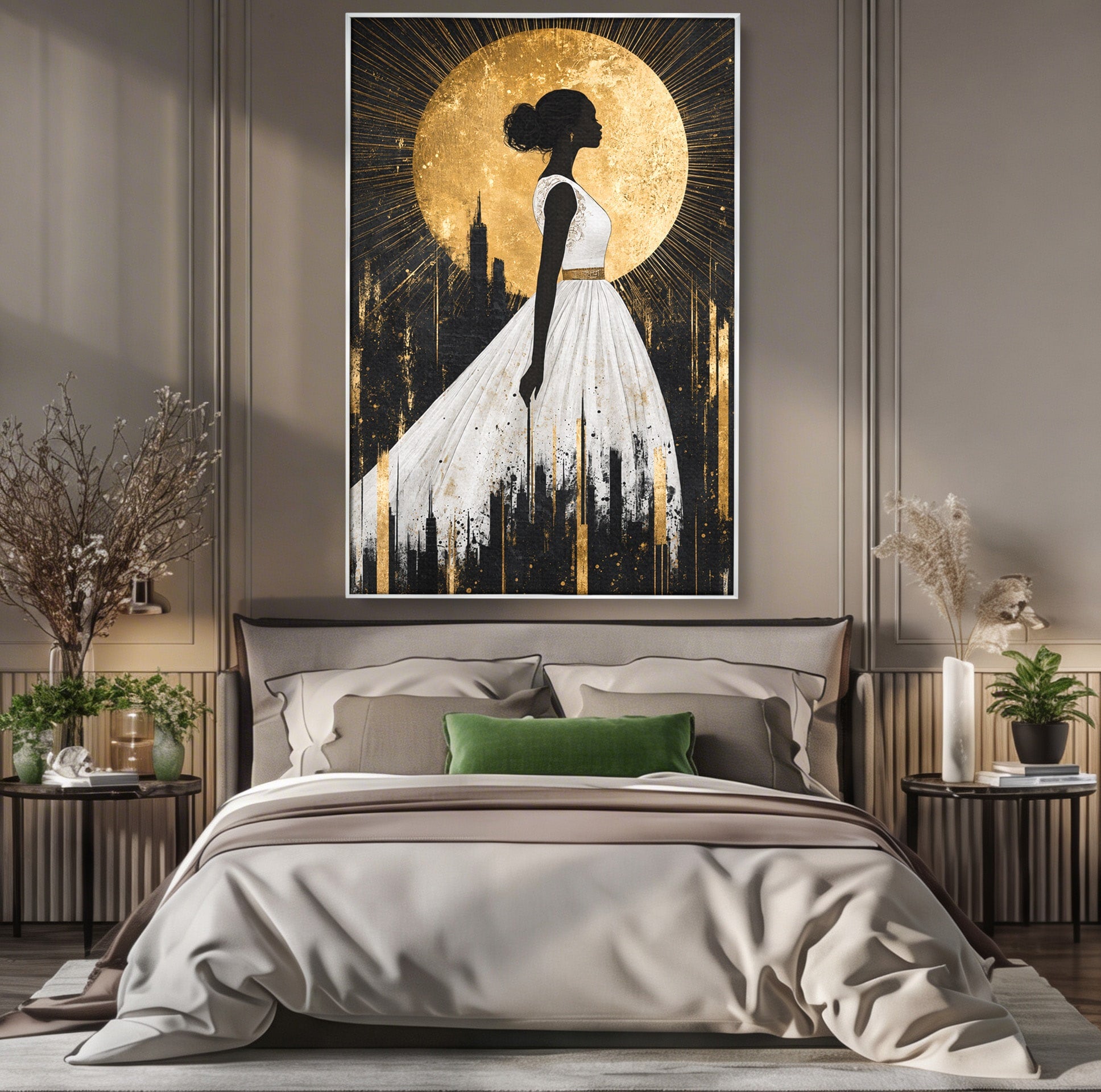 Tablou Canvas Premium LuxCanva® G1272, Silueta Eleganta Sub Luna, Silueta, Noapte, Eleganta, Femeie, Dormitor, Oras, Culori Vibrante