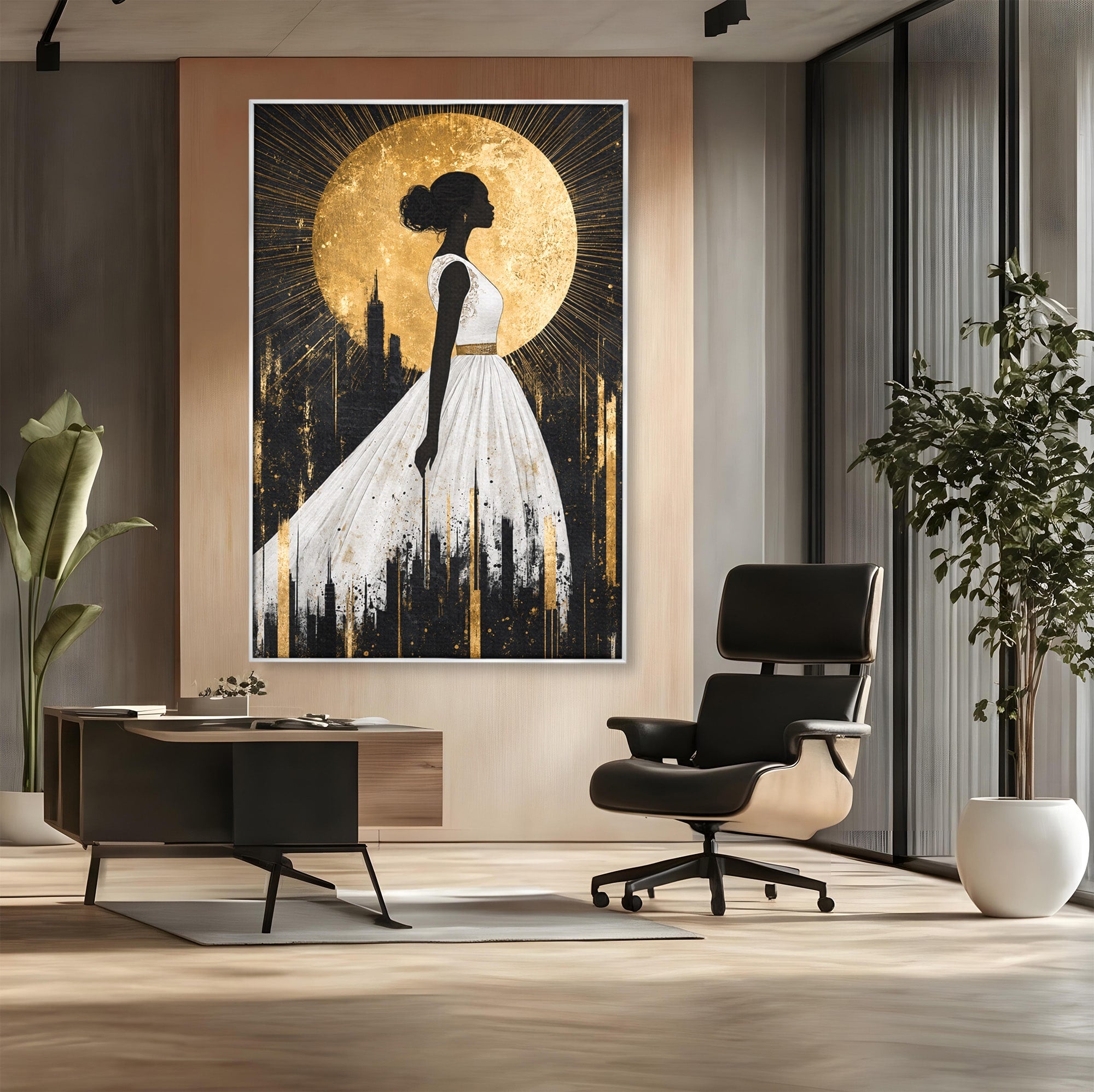 Tablou Canvas Premium LuxCanva® G1272, Silueta Eleganta Sub Luna, Silueta, Noapte, Eleganta, Femeie, Dormitor, Oras, Culori Vibrante