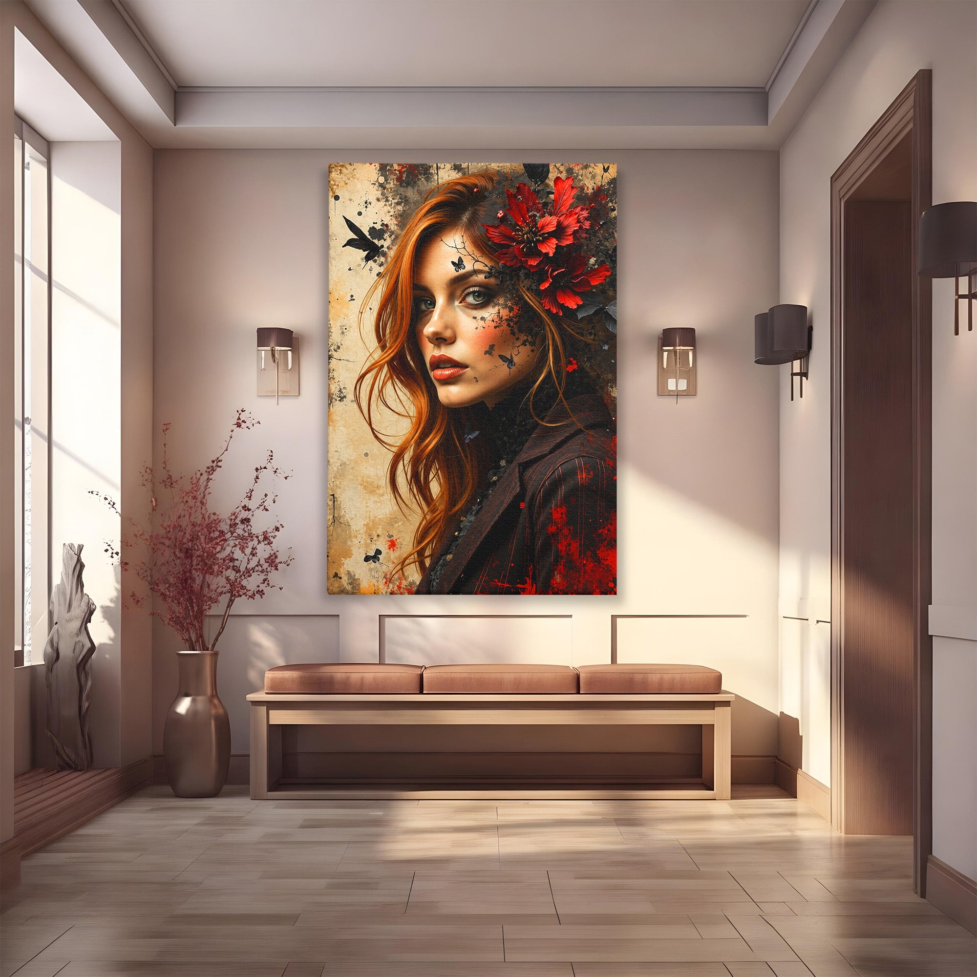 Tablou Canvas Premium LuxCanva® G1277, Portretul Femeii Cu Flori, Portret, Femeie, Flori, Arta, Dormitor, Culori Vibrante