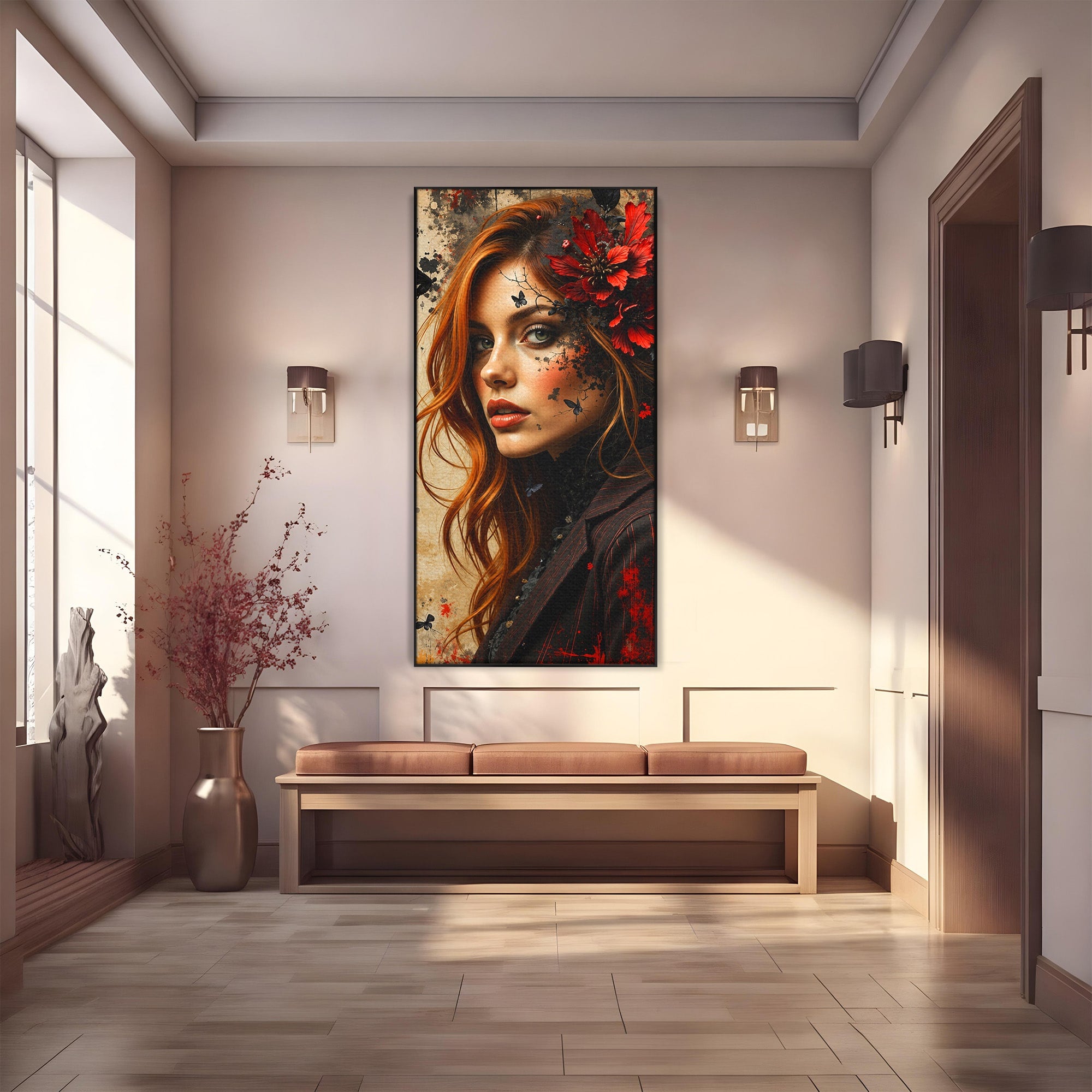 Tablou Canvas Premium LuxCanva® G1277, Portretul Femeii Cu Flori, Portret, Femeie, Flori, Arta, Dormitor, Culori Vibrante