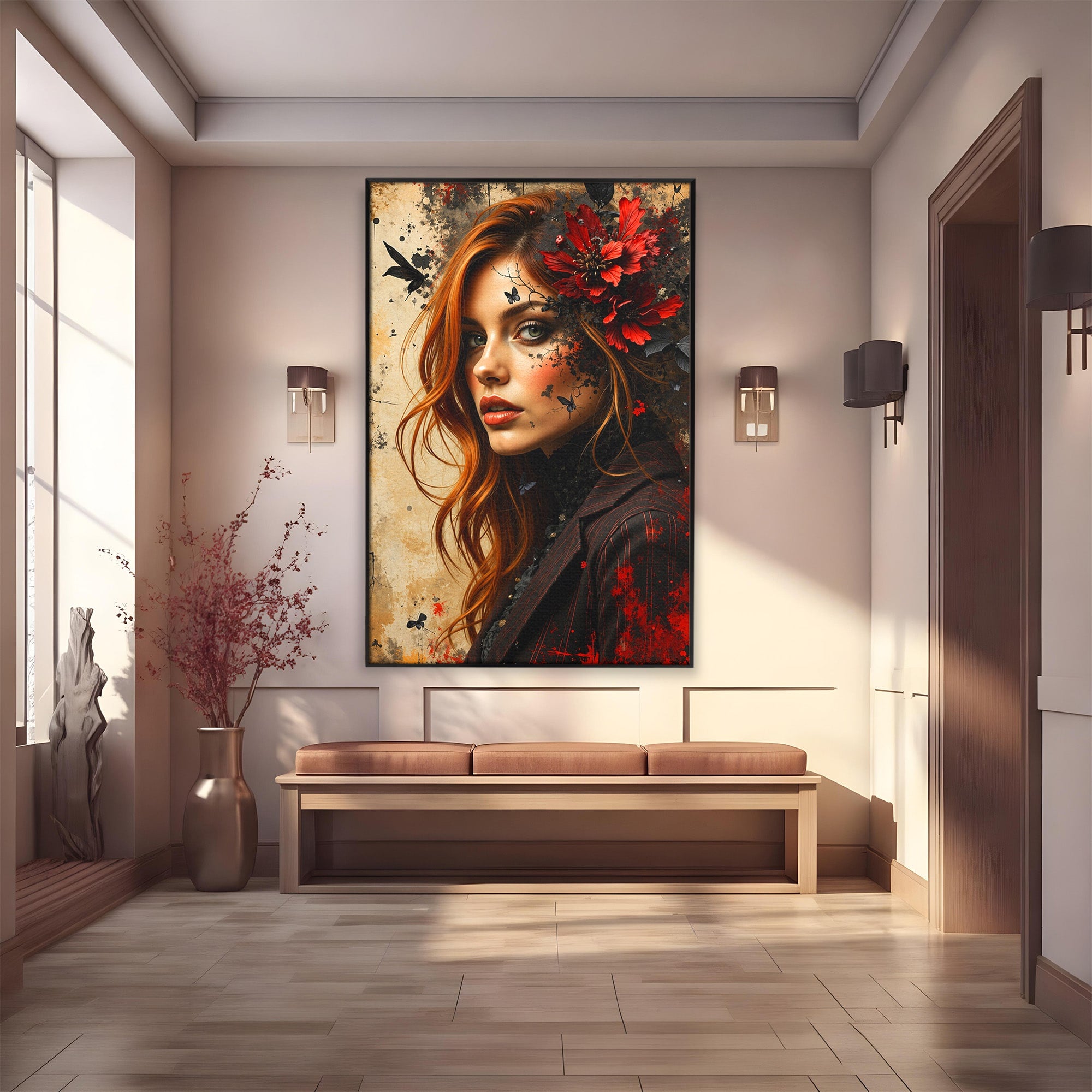 Tablou Canvas Premium LuxCanva® G1277, Portretul Femeii Cu Flori, Portret, Femeie, Flori, Arta, Dormitor, Culori Vibrante