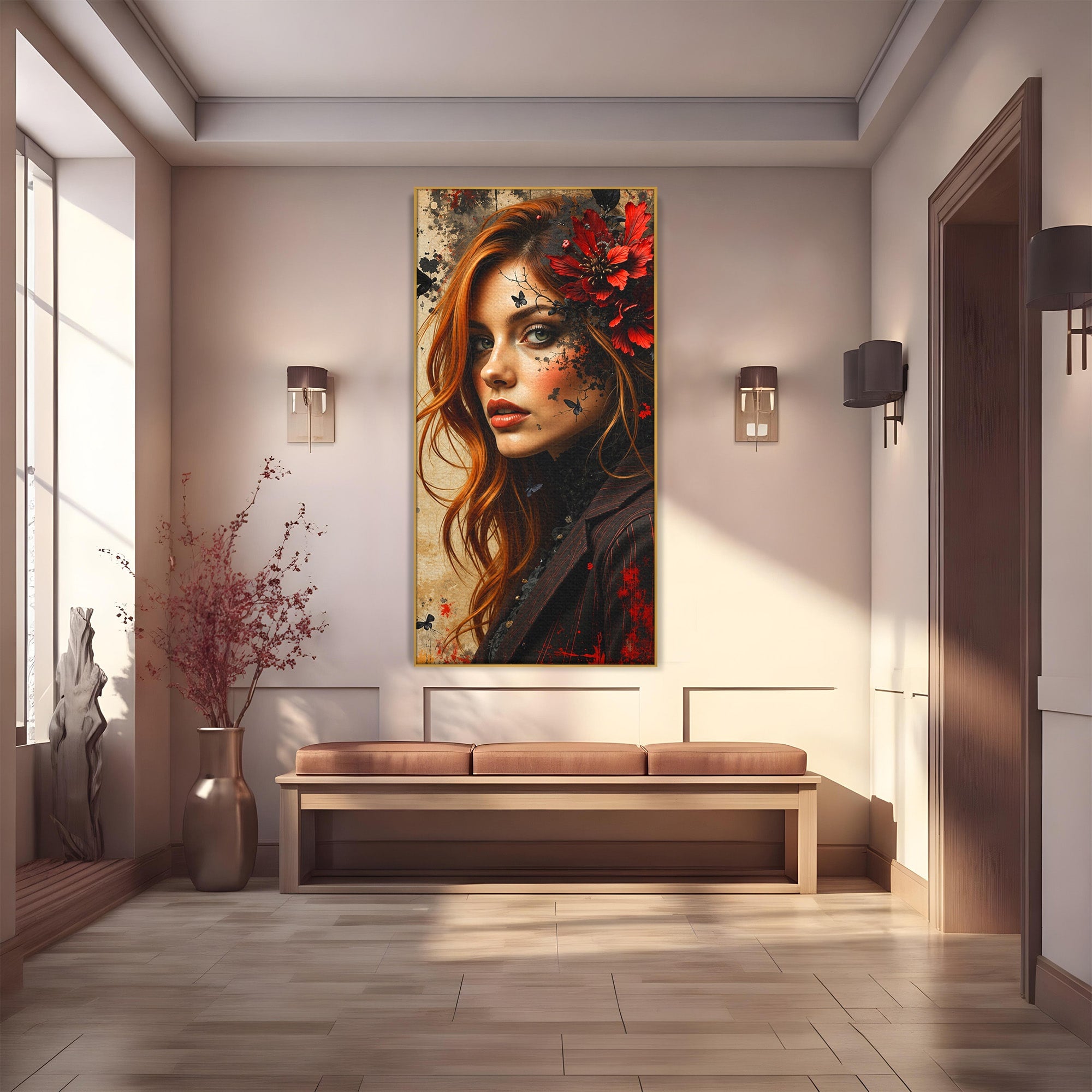 Tablou Canvas Premium LuxCanva® G1277, Portretul Femeii Cu Flori, Portret, Femeie, Flori, Arta, Dormitor, Culori Vibrante