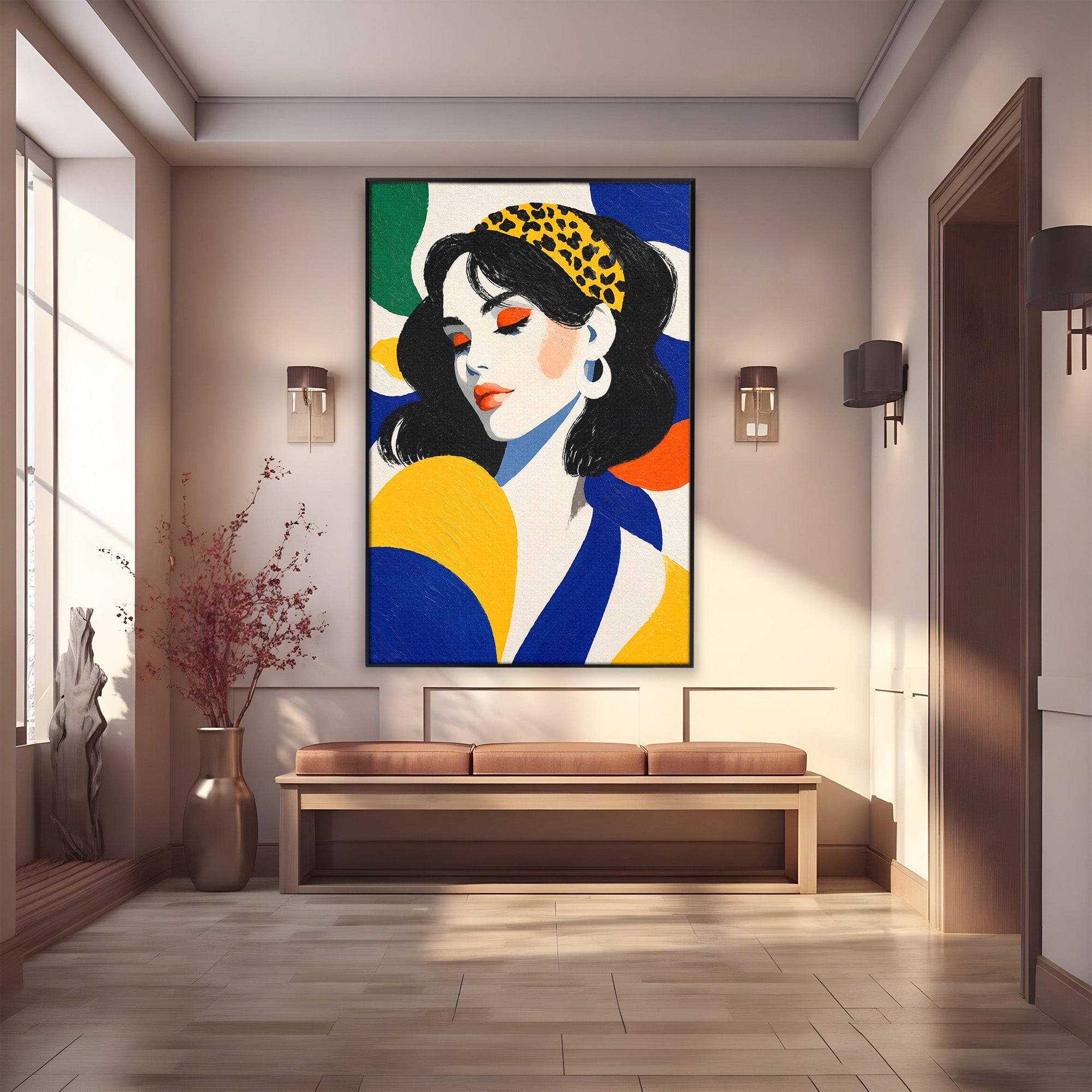 Tablou Canvas Premium LuxCanva® G1281, Portret Femeie Cu Esarfa, Portret, Femeie, Esarfa, Moda, Living, Culori Vibrante