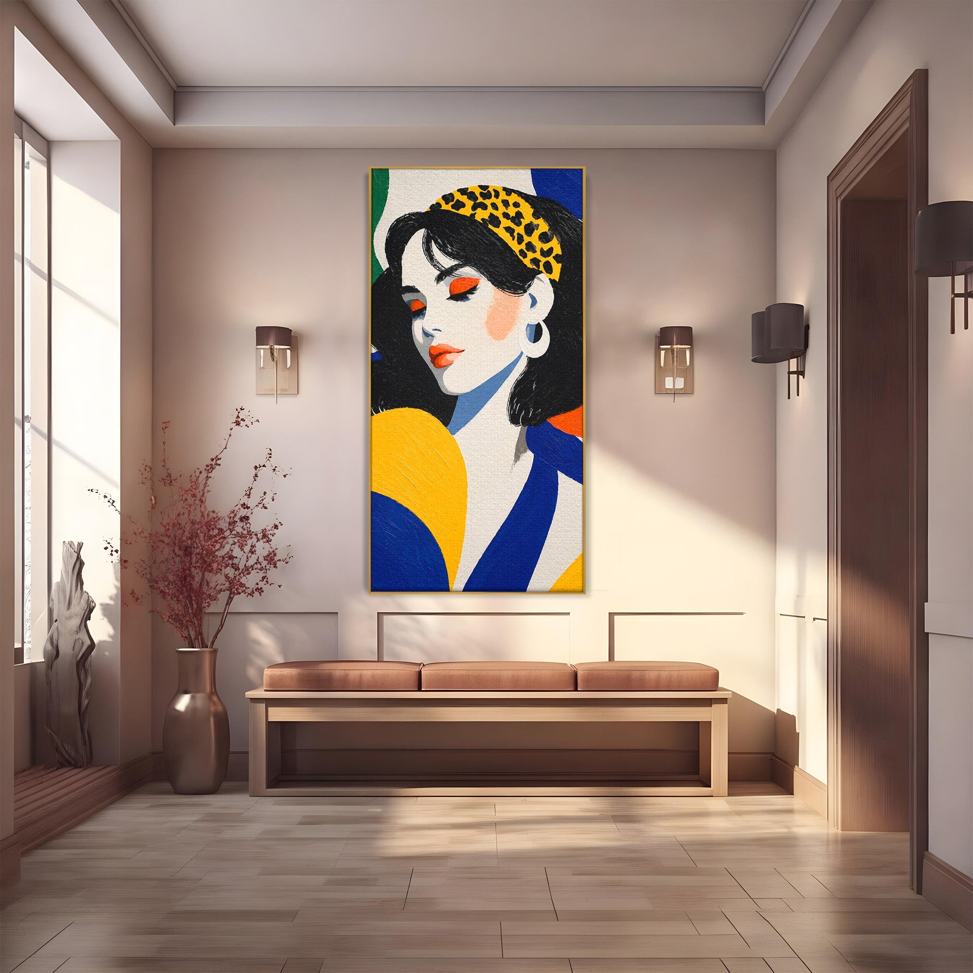 Tablou Canvas Premium LuxCanva® G1281, Portret Femeie Cu Esarfa, Portret, Femeie, Esarfa, Moda, Living, Culori Vibrante