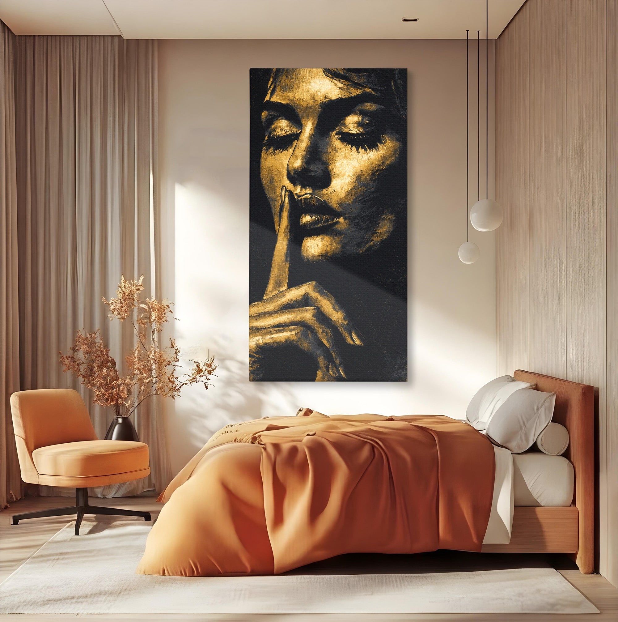 Tablou Canvas Premium LuxCanva® G1282, Tacere Aurie, Portret, Femeie, Mister, Elegant, Dormitor, Birou, Culori Vibrante