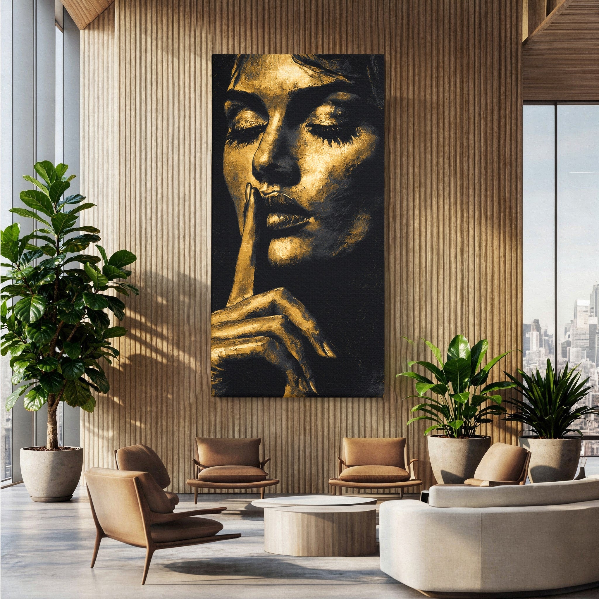 Tablou Canvas Premium LuxCanva® G1282, Tacere Aurie, Portret, Femeie, Mister, Elegant, Dormitor, Birou, Culori Vibrante