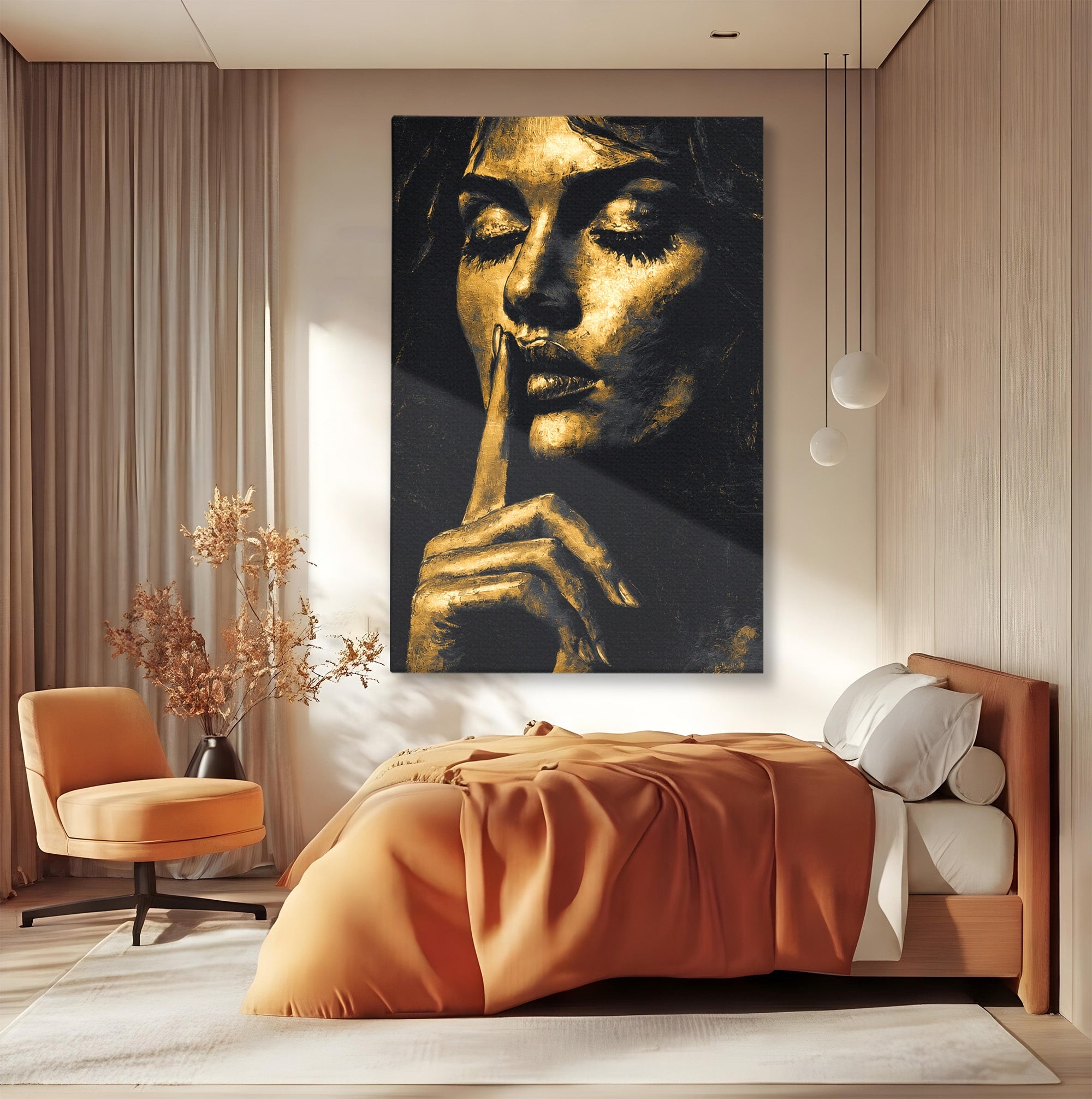 Tablou Canvas Premium LuxCanva® G1282, Tacere Aurie, Portret, Femeie, Mister, Elegant, Dormitor, Birou, Culori Vibrante