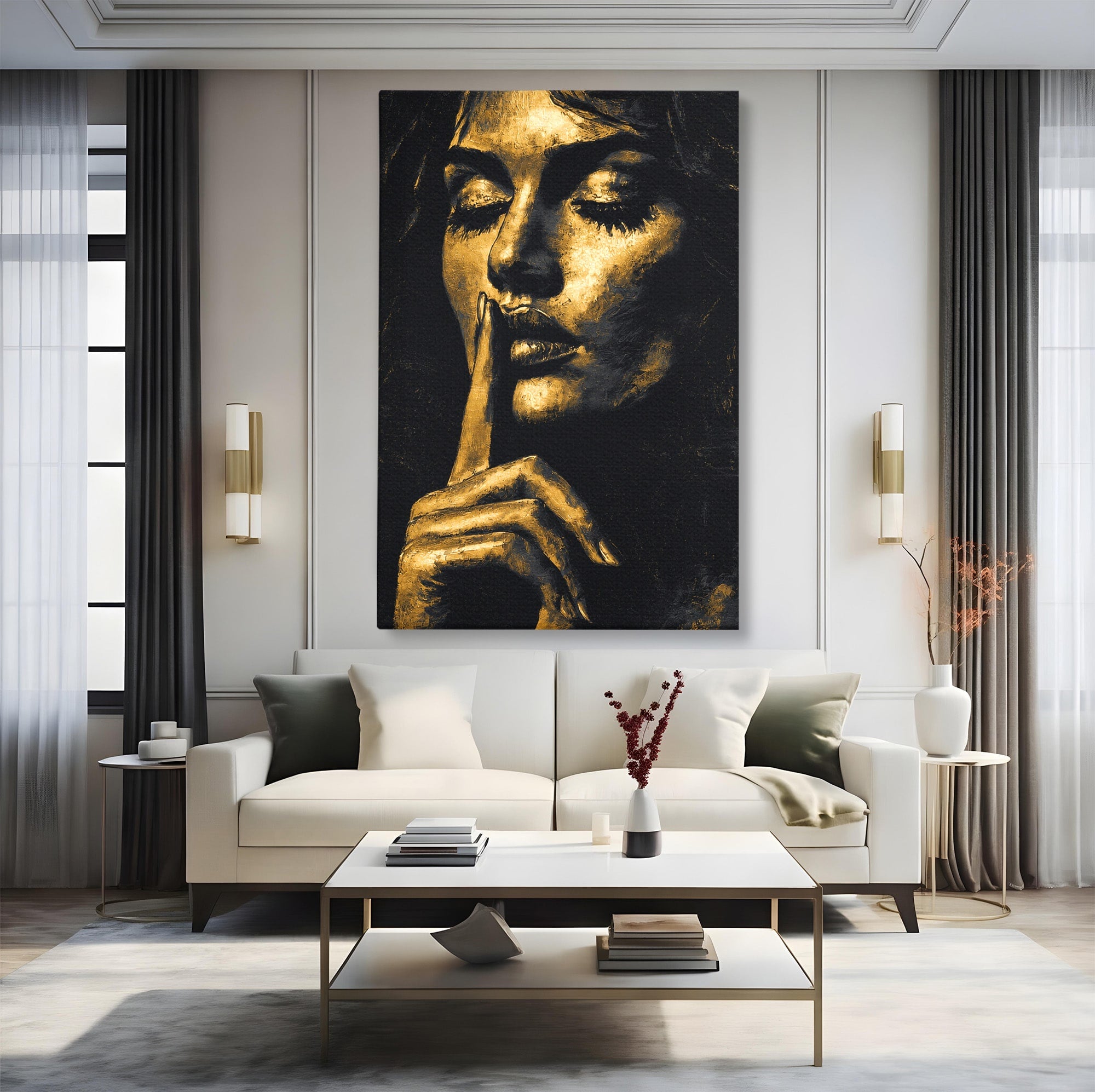 Tablou Canvas Premium LuxCanva® G1282, Tacere Aurie, Portret, Femeie, Mister, Elegant, Dormitor, Birou, Culori Vibrante