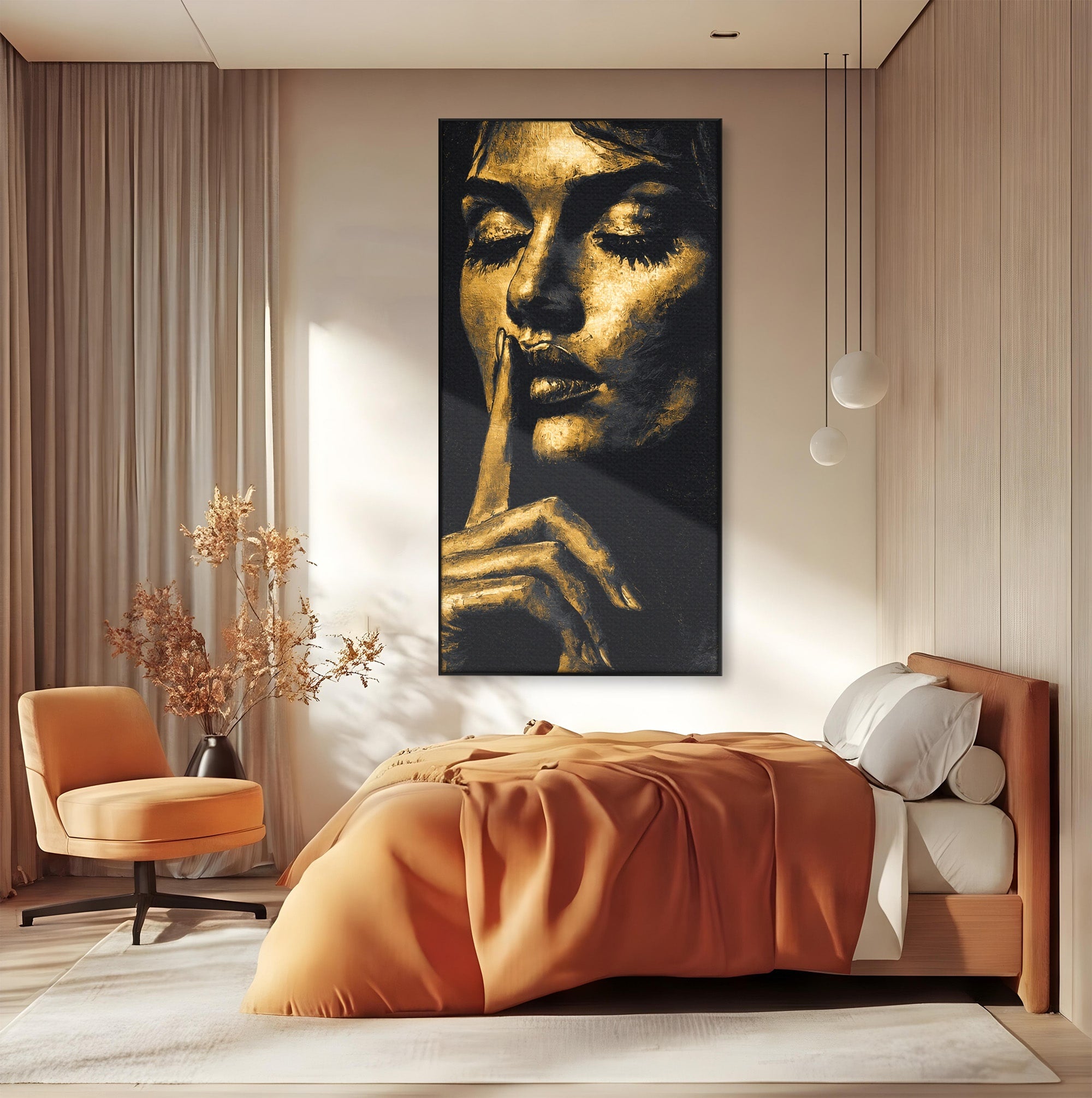 Tablou Canvas Premium LuxCanva® G1282, Tacere Aurie, Portret, Femeie, Mister, Elegant, Dormitor, Birou, Culori Vibrante