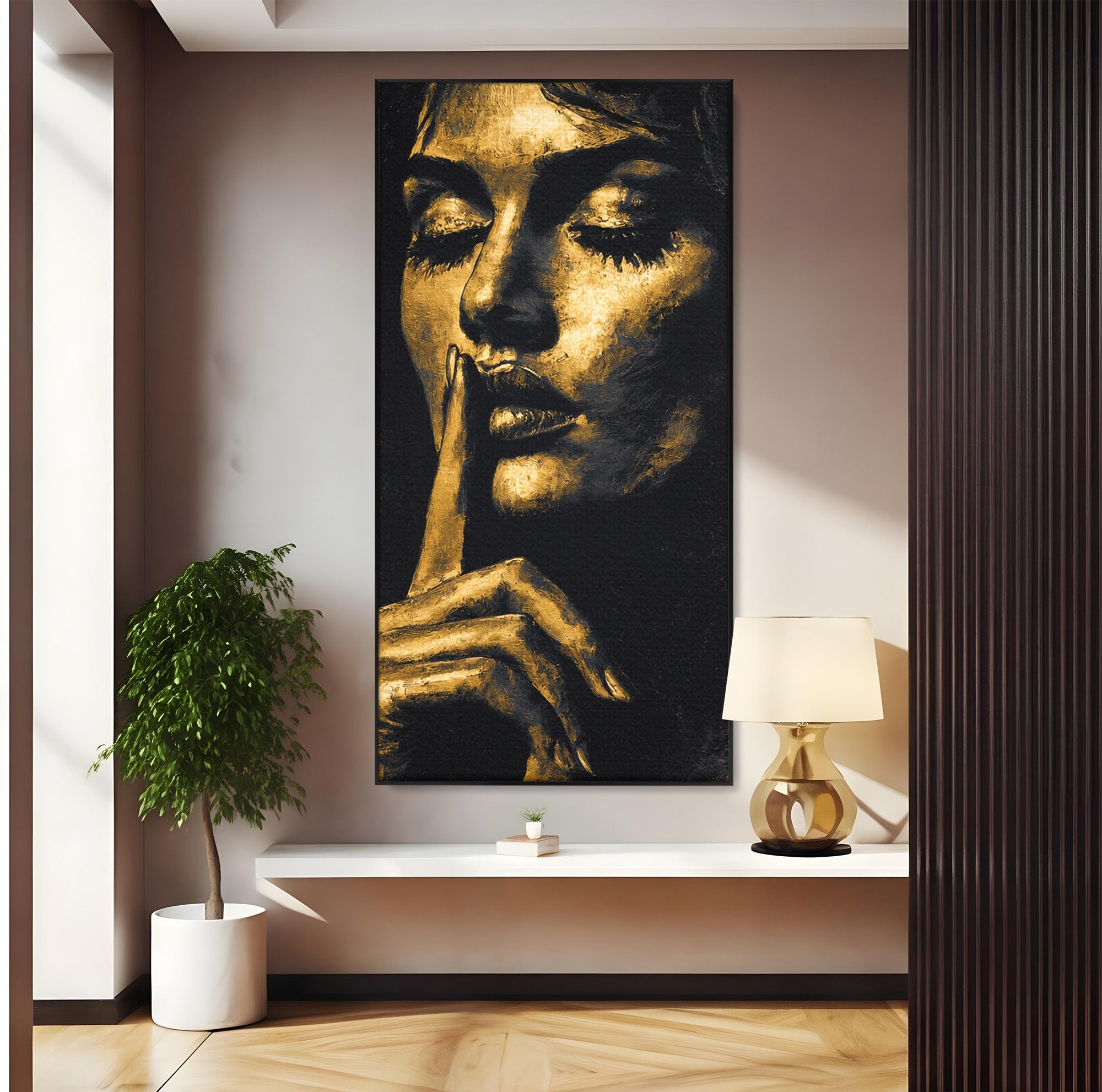 Tablou Canvas Premium LuxCanva® G1282, Tacere Aurie, Portret, Femeie, Mister, Elegant, Dormitor, Birou, Culori Vibrante