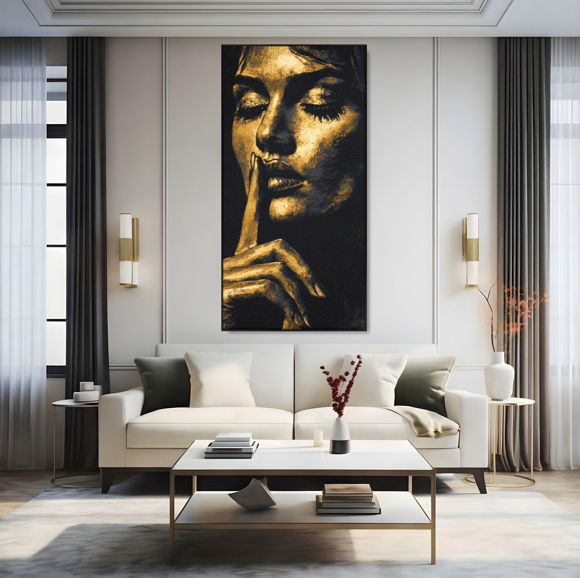 Tablou Canvas Premium LuxCanva® G1282, Tacere Aurie, Portret, Femeie, Mister, Elegant, Dormitor, Birou, Culori Vibrante