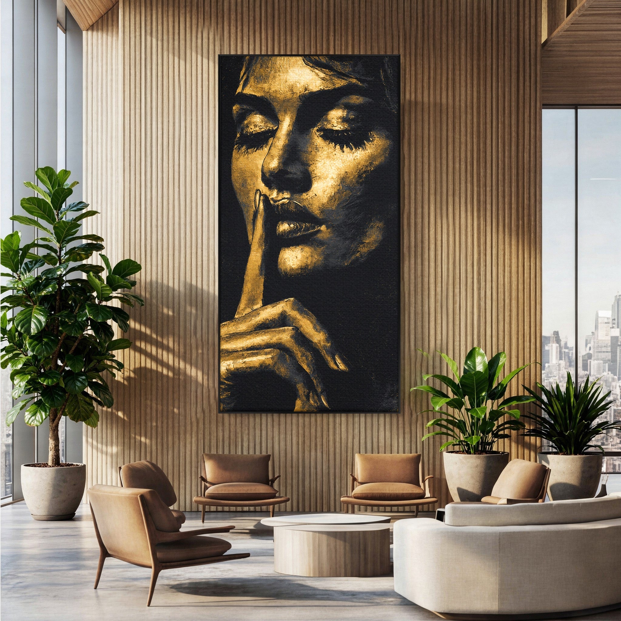 Tablou Canvas Premium LuxCanva® G1282, Tacere Aurie, Portret, Femeie, Mister, Elegant, Dormitor, Birou, Culori Vibrante
