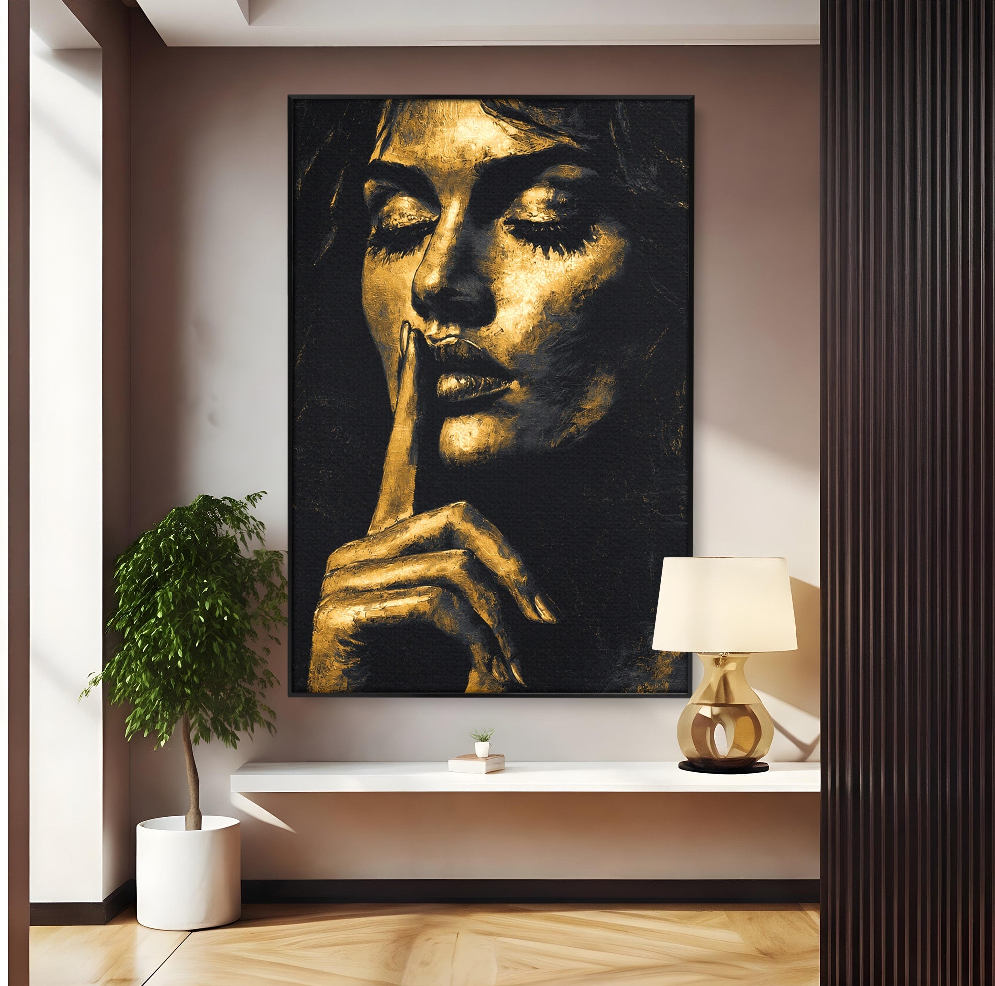 Tablou Canvas Premium LuxCanva® G1282, Tacere Aurie, Portret, Femeie, Mister, Elegant, Dormitor, Birou, Culori Vibrante