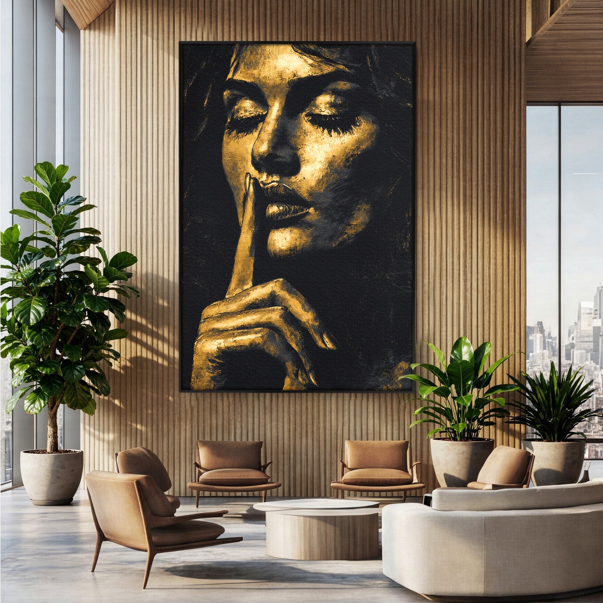 Tablou Canvas Premium LuxCanva® G1282, Tacere Aurie, Portret, Femeie, Mister, Elegant, Dormitor, Birou, Culori Vibrante