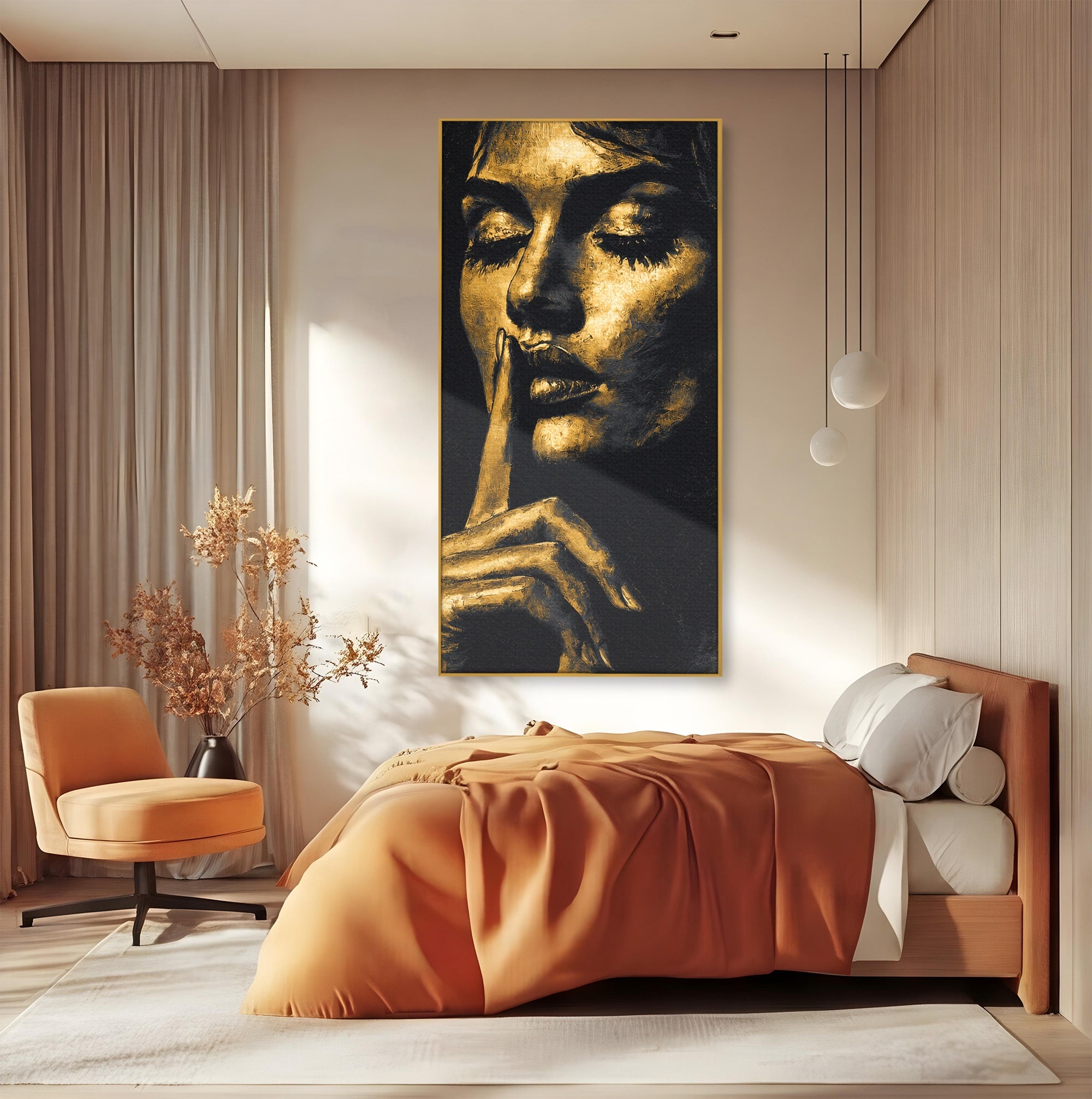 Tablou Canvas Premium LuxCanva® G1282, Tacere Aurie, Portret, Femeie, Mister, Elegant, Dormitor, Birou, Culori Vibrante