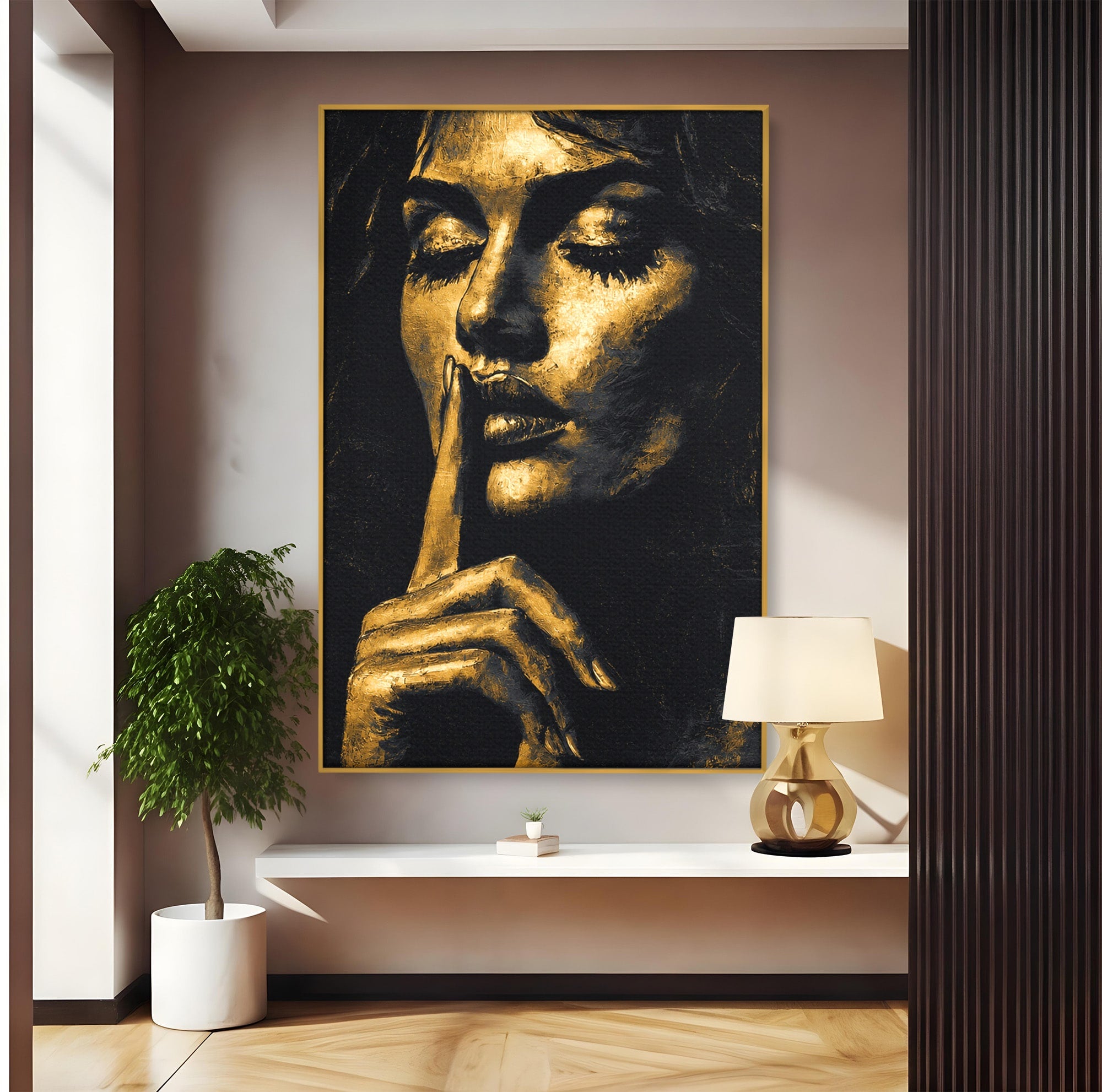 Tablou Canvas Premium LuxCanva® G1282, Tacere Aurie, Portret, Femeie, Mister, Elegant, Dormitor, Birou, Culori Vibrante