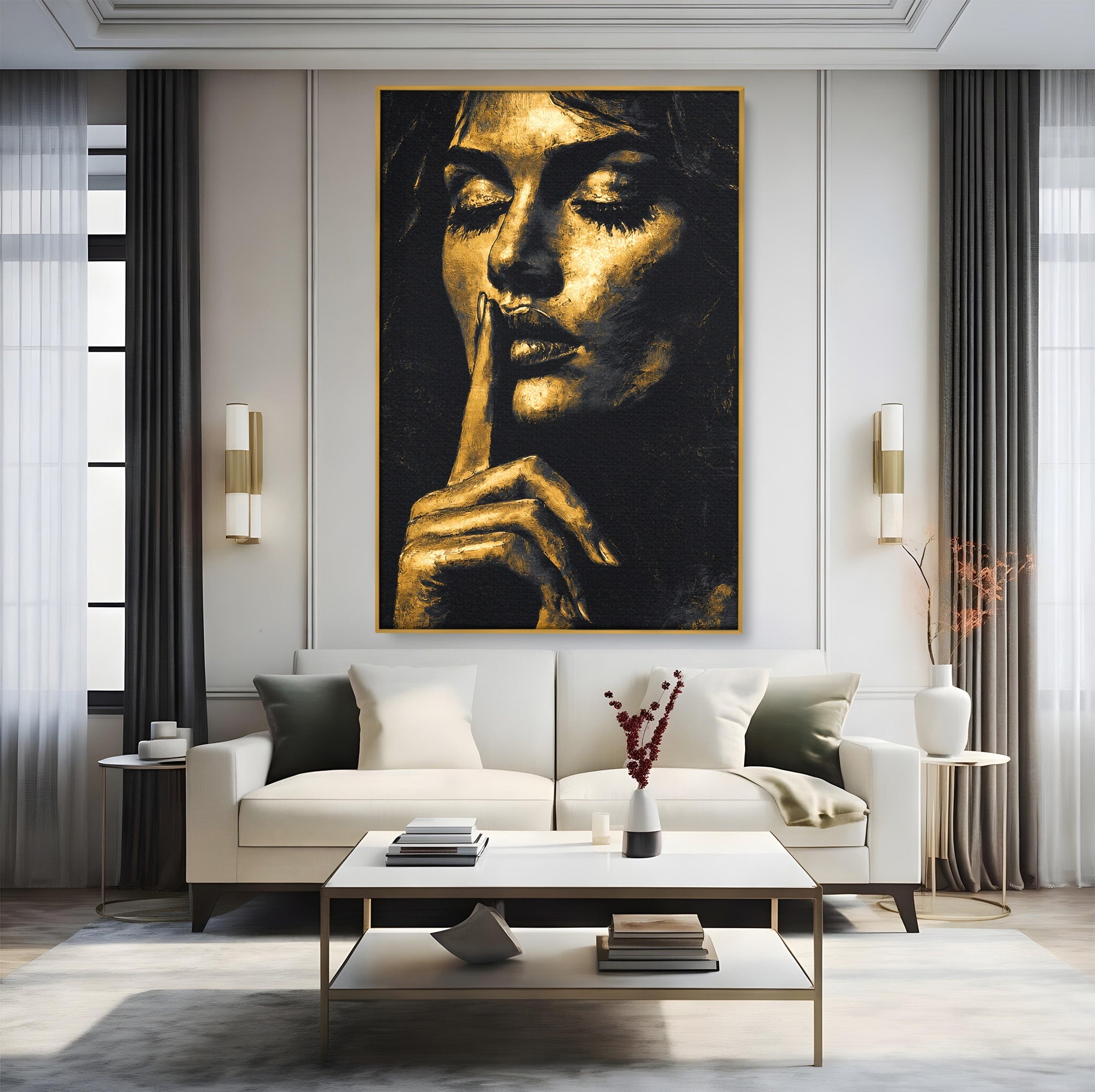 Tablou Canvas Premium LuxCanva® G1282, Tacere Aurie, Portret, Femeie, Mister, Elegant, Dormitor, Birou, Culori Vibrante