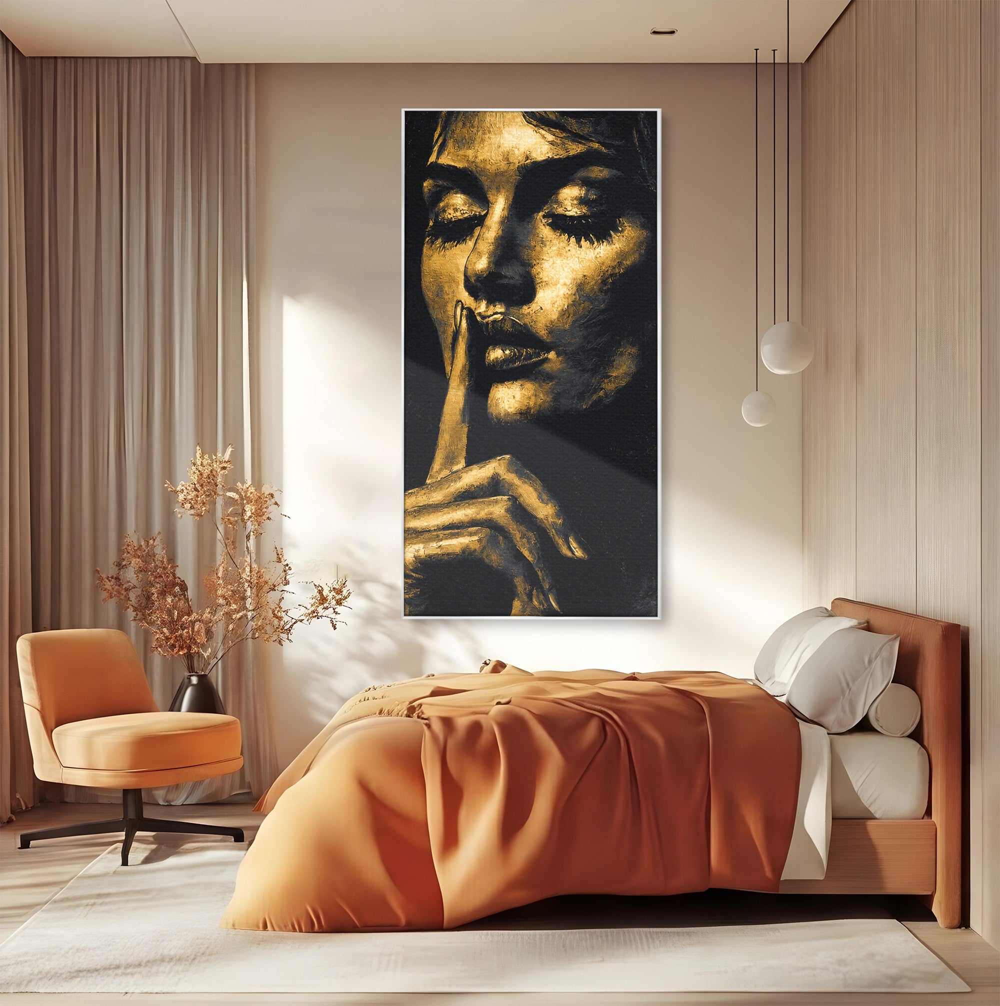 Tablou Canvas Premium LuxCanva® G1282, Tacere Aurie, Portret, Femeie, Mister, Elegant, Dormitor, Birou, Culori Vibrante
