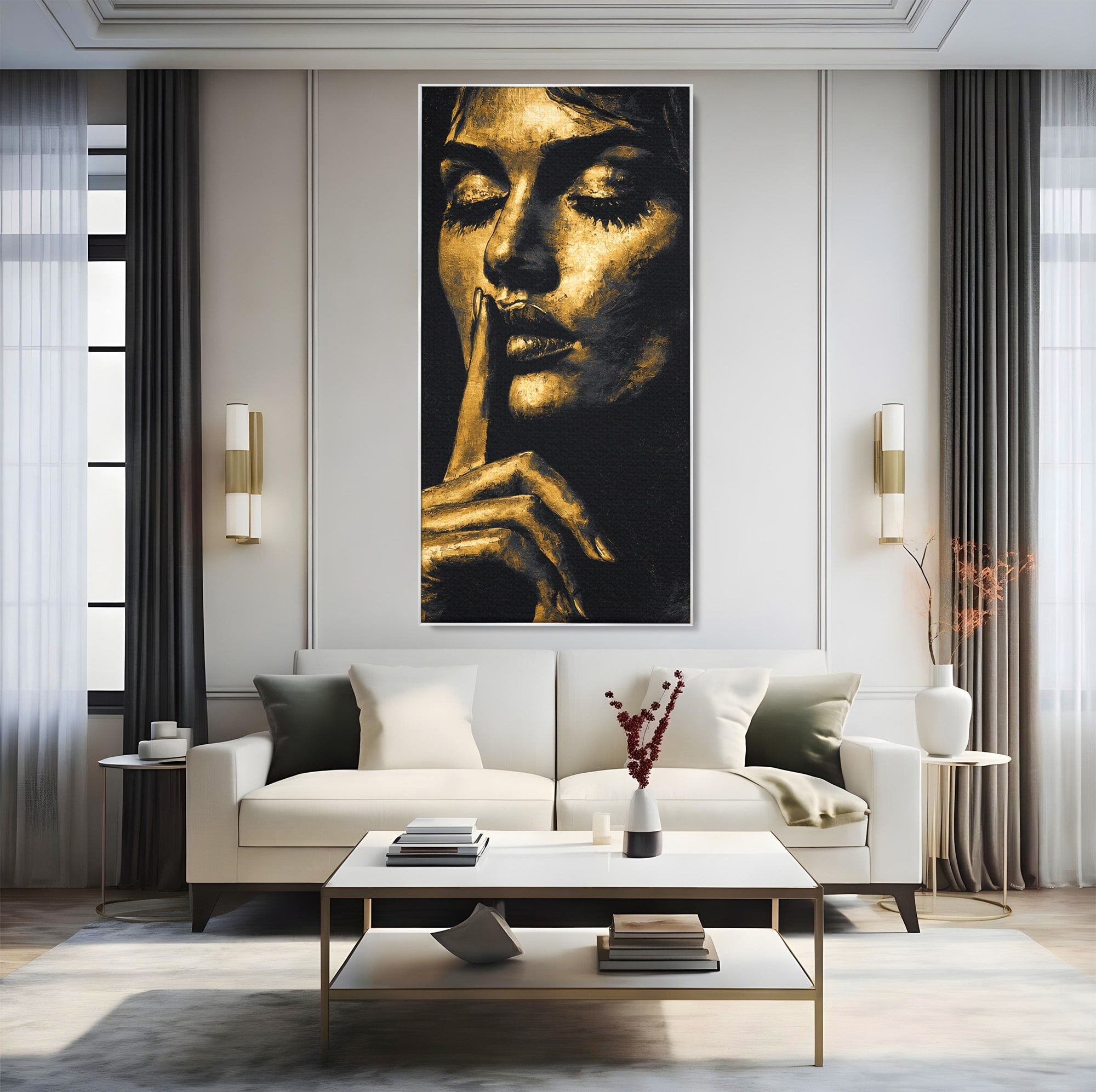 Tablou Canvas Premium LuxCanva® G1282, Tacere Aurie, Portret, Femeie, Mister, Elegant, Dormitor, Birou, Culori Vibrante
